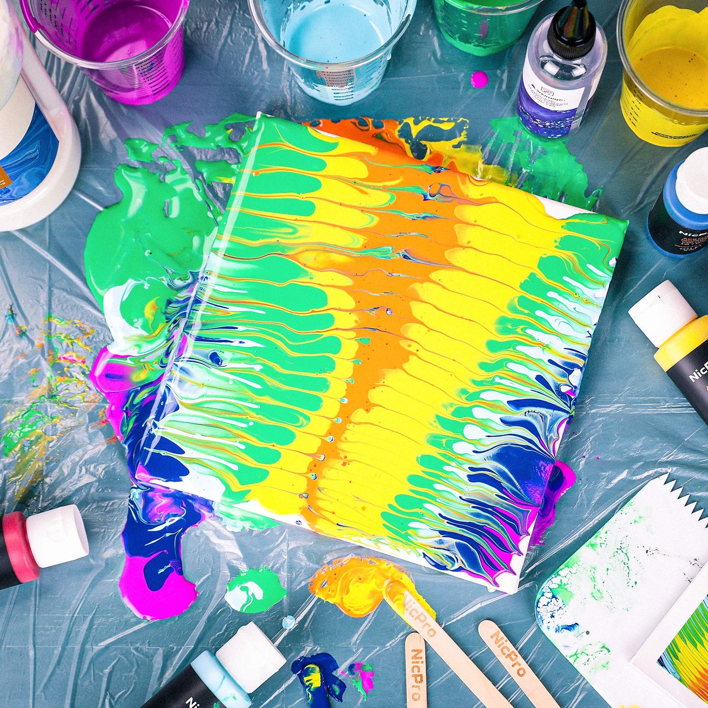 Nicpro 19 Colors Acrylic Painting Pouring Kit, Artist Starter Supplies Including 19 Colors Acrylic Paints,Pouring Medium, Silicone Oil, Canvases, Gloves, Strainers, Mixing Stick, Instructions for Flow DIY Painting