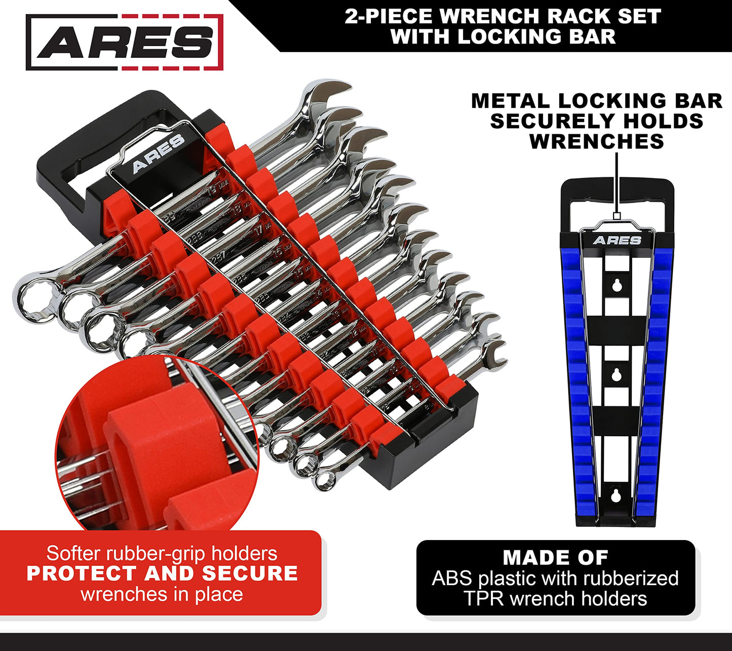 ARES 62043 – 2-Piece Wrench Rack Set with Locking Bar - SAE Rack Holds 1/4-Inch to 1-Inch Sizes - Metric Holds 6 to 25mm Sizes – Locking Metal Clip Secures Wrenches