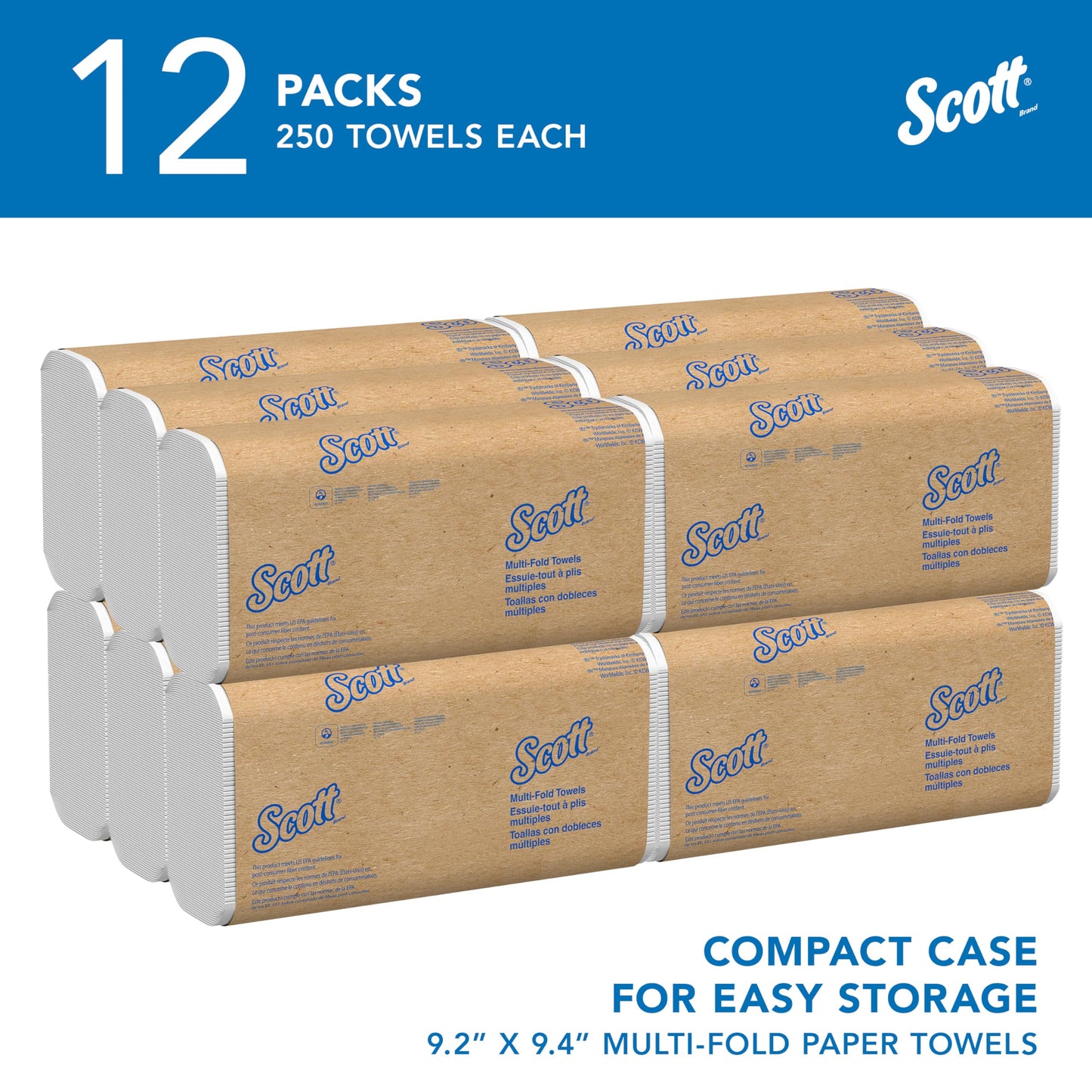 Scott Professional Universal Multifold Paper Towels, Bulk (03650), Absorbency Pockets, 9.2"x9.4", Compressed, Compact (250 Sheets/Pack, 12 Packs/Case, 3,000 Sheet Total)