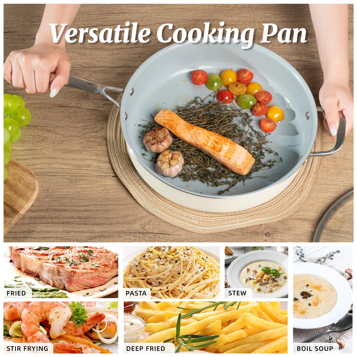 Nonstick Sauté Pan with Lid 5 QT Deep Frying Pan with Stainless Steel Helper Handle 12 inch Large Skillet Ceramic Jumbo Cooker for Healthy Cooking, Induction Compatible Cookware, PFOA Free