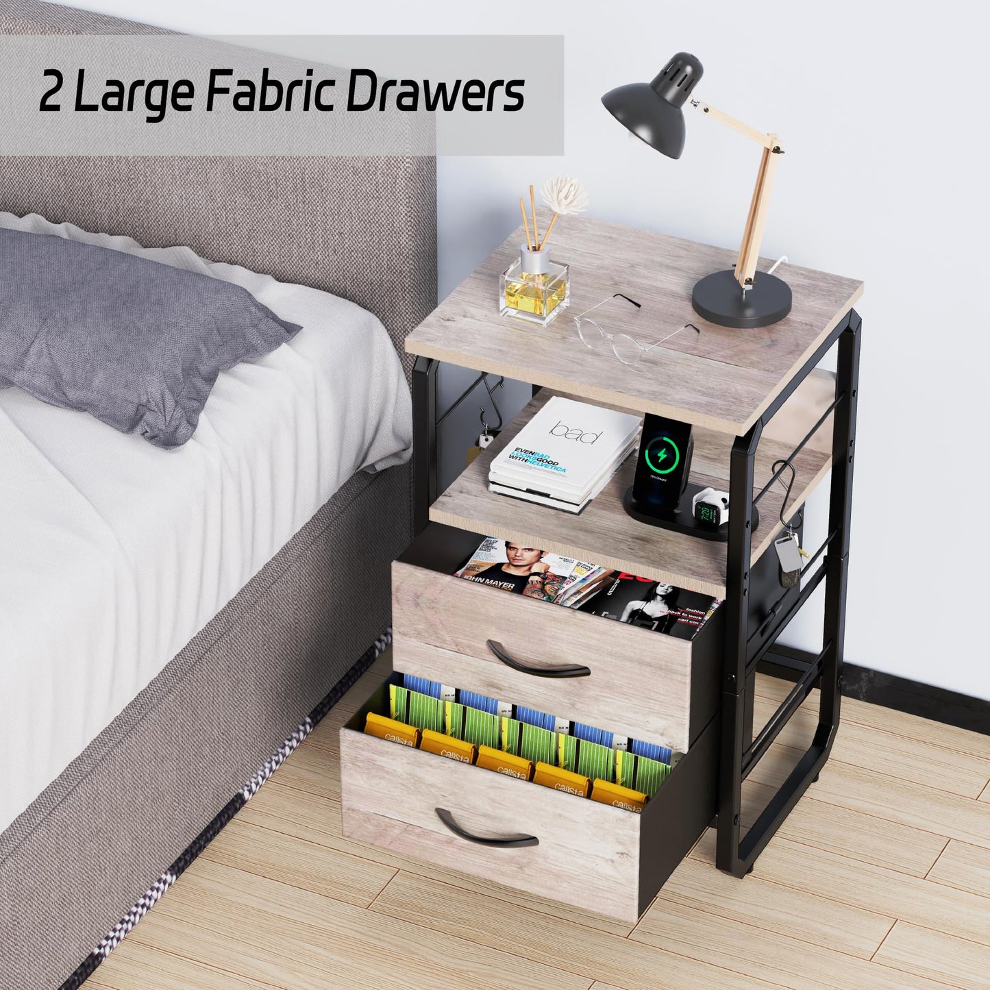 runjuly Side Table with Drawers, Night Stand with Charging Station, AC Outlets & USB C Ports, End Table with Storage, Night Tables with Hooks, Bedside Nightstand for Office, Bedroom, Dorm Greige