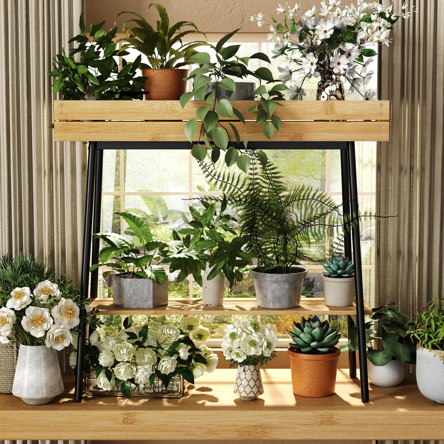 BAMBANG Bamboo Plant Stand Indoor, 2 Tier Wood Small Plant Table, Tall Plant Stand for Indoor Plants, Window Sill Plant Shelf, Flower Pot Holder Plant Bench Plant Rack for Living Room Balcony Outdoor