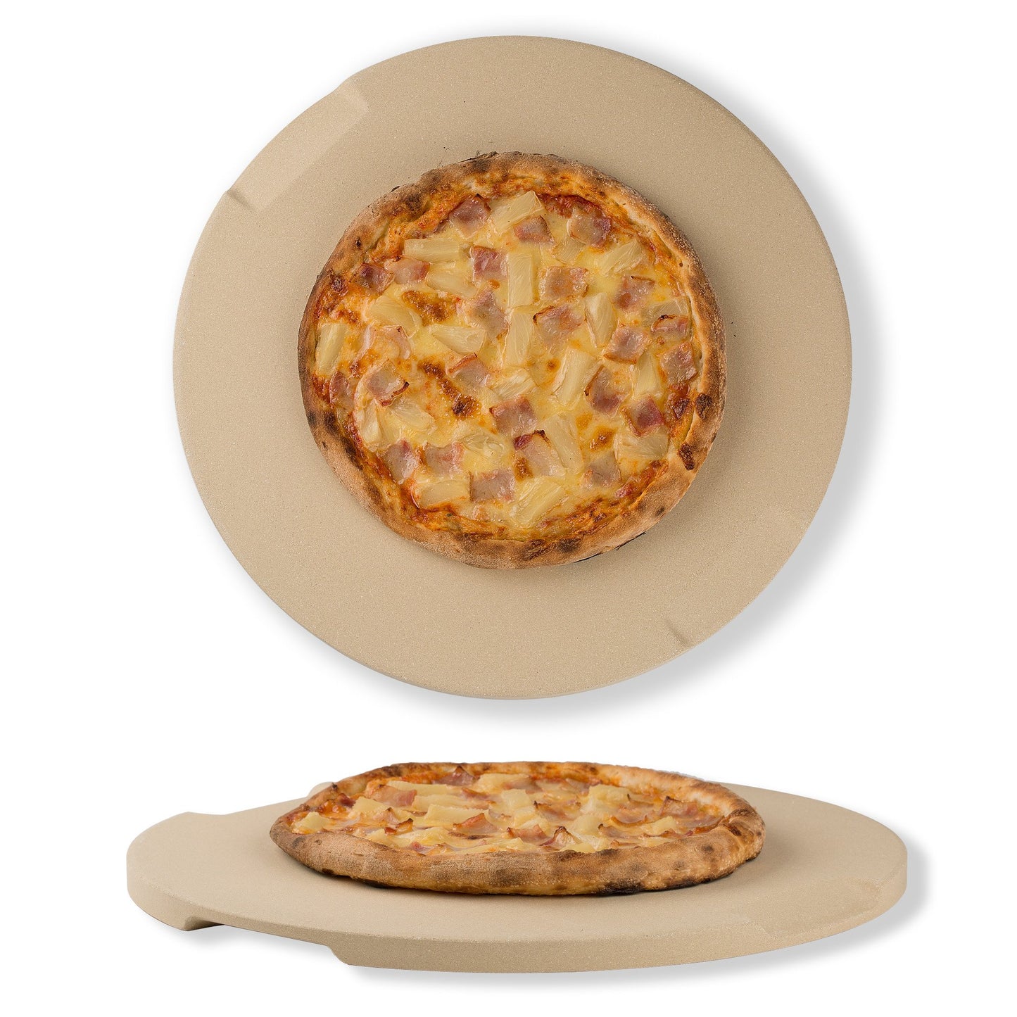 ROCKSHEAT Pizza Stone Made of Cordierite for Pizza & Bread Baking Grilling. Perfect for Oven or Grill. Innovative Unique Double - Faced Built - in 4 Handles Design (Round 15"x0.67")