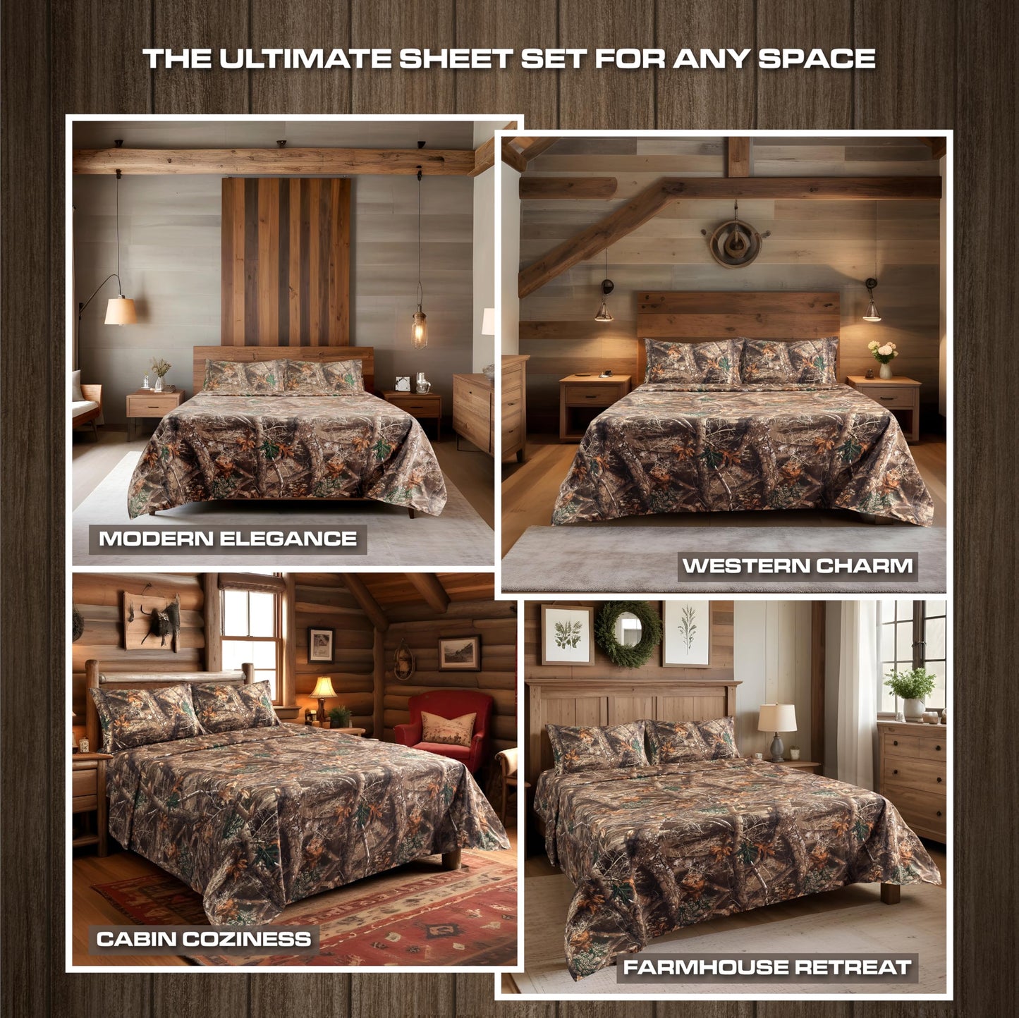 VISI-ONE Realtree Edge King Camo 4 Piece Sheet Set – Lightweight, Cooling, Wrinkle-Free Microfiber 15" Deep Pockets Sheets, Unisex Rustic Western Farmhouse Style Made to Complement All Living Spaces