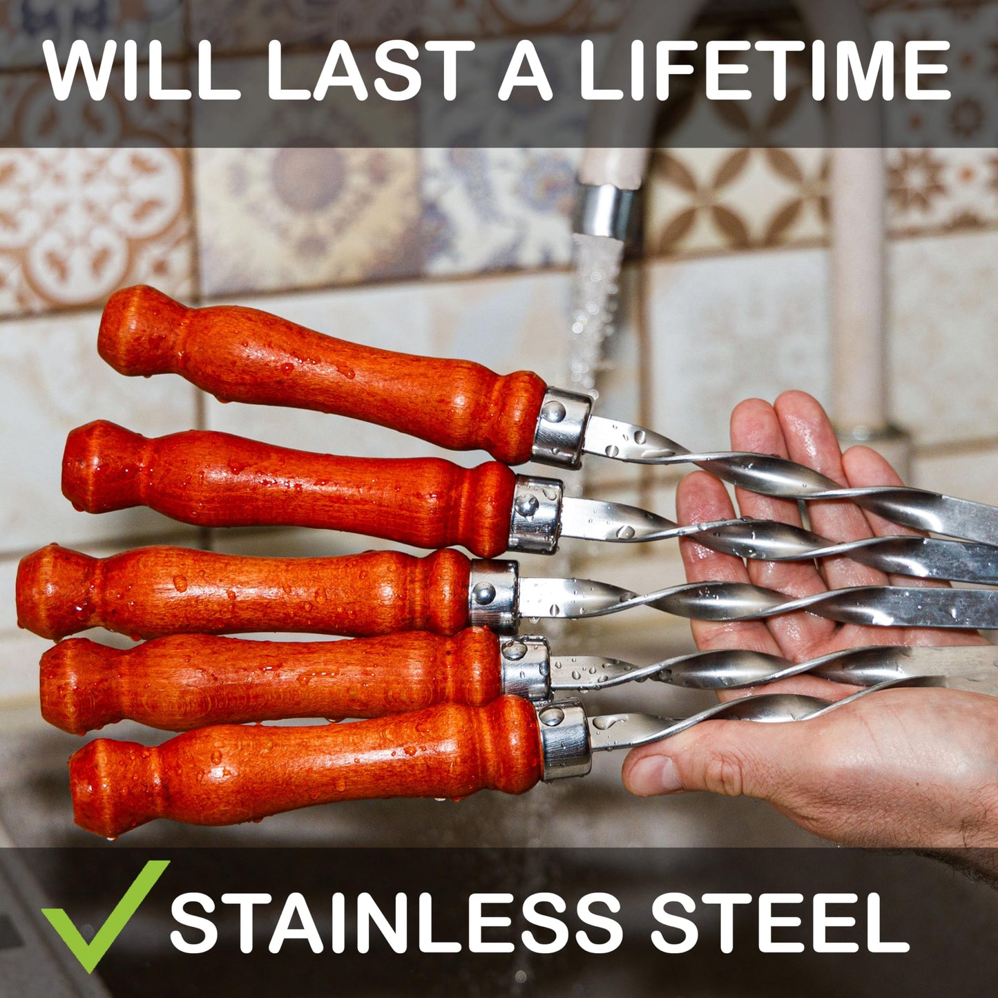 Premium BBQ Skewers with Wooden Handles 23.6" Shish Kabob Skewers Stainless Steel Long & Reusable Kabob Sticks Barbecue Skewers for Grilling Set of 10 Piece