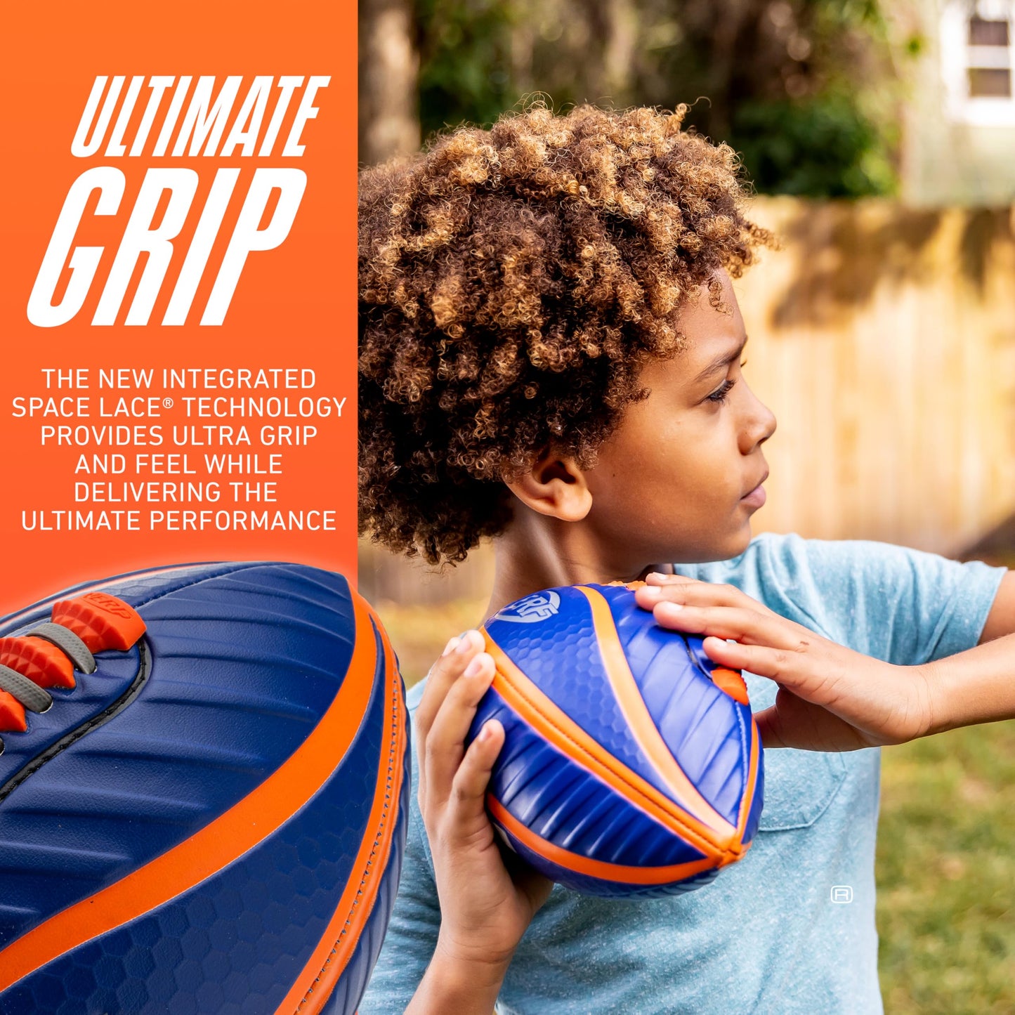 NERF Spiral Grip Mini Football - Patented Spacelace for Ultimate Spirals - Machine Stitched Construction - Pump Included,Blue/Orange, Mini 8.5"