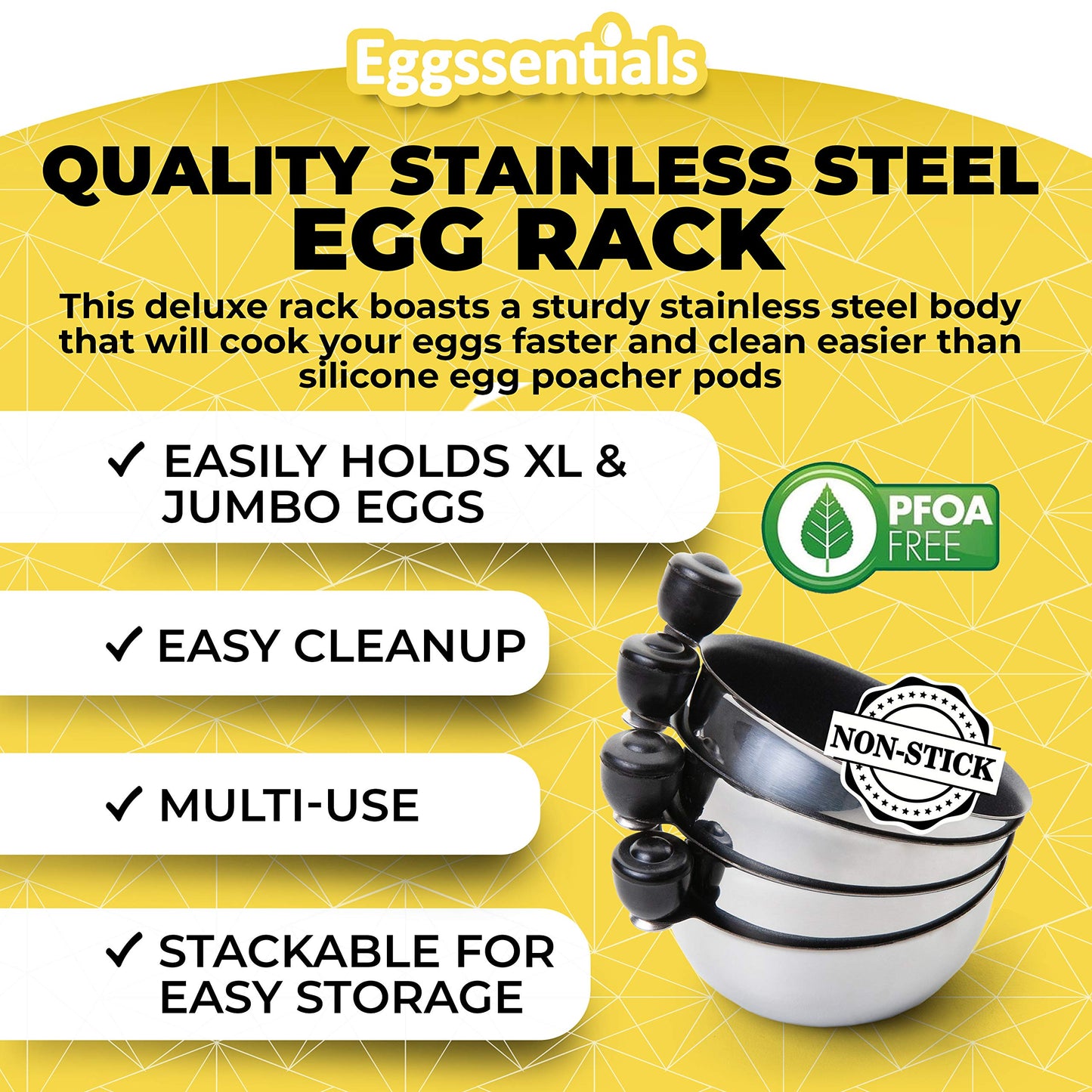 Eggssentials Stainless Steel Egg Poacher Pan Insert | 4 Poached Egg Cups PFOA Free Nonstick | 7.25 inch Rack Compatible with Skillet Instant Pot Pressure Cooker | Hard Boiled and Poached Egg Maker …