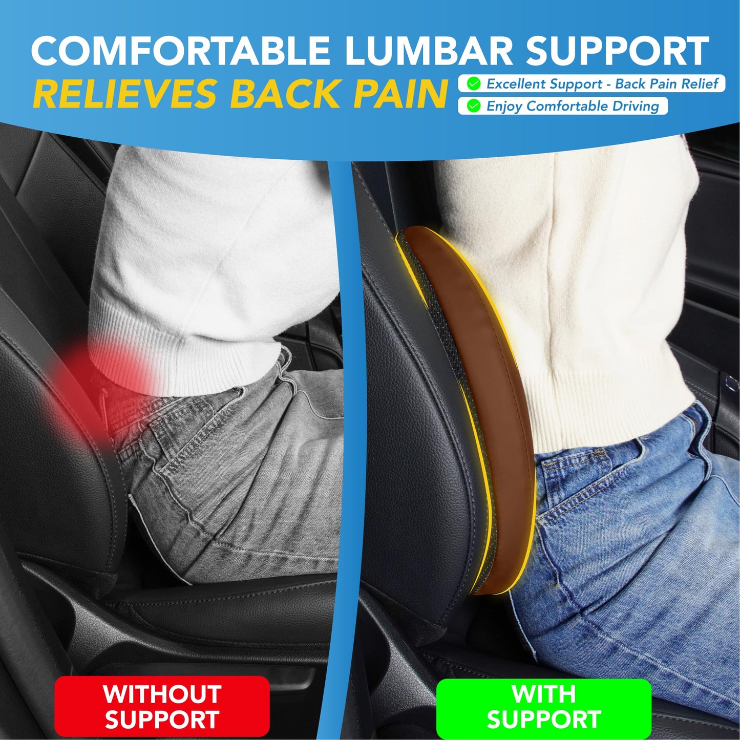Lumbar Support Pillow: Memory Foam Lumbar Pillow for Lower Back Pain Relief - Car Back Cushion for Driving - Lumbar Support for Car-Office Chair, Wheelchair - Leather Brown