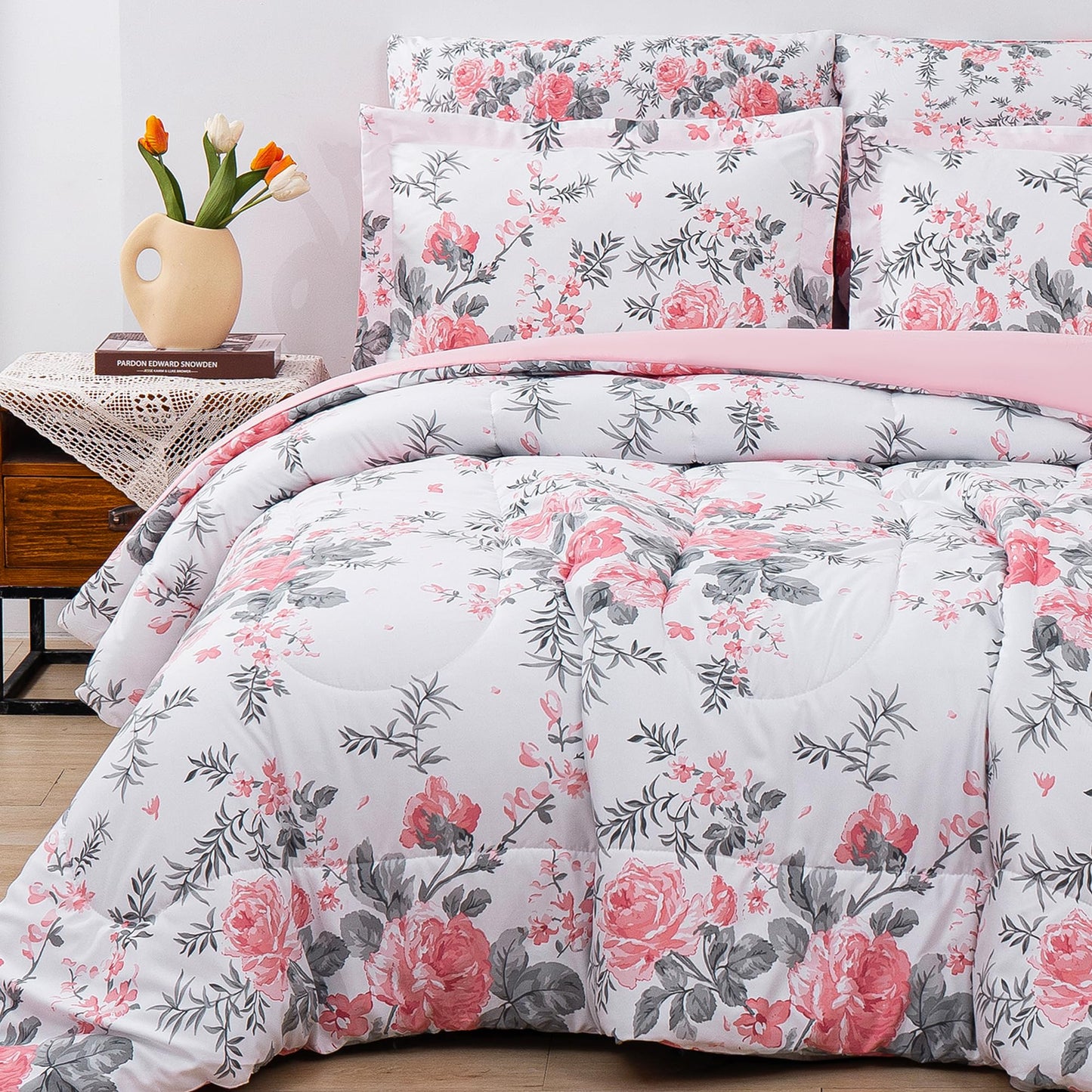 lasoftan Floral Queen Comforter Set with Sheets, 7 piece Luxury Vintage Bedding, Soft Microfiber Bed in a Bag, Cozy Lightweight Bed Set, Pink Flower Grey Leaf