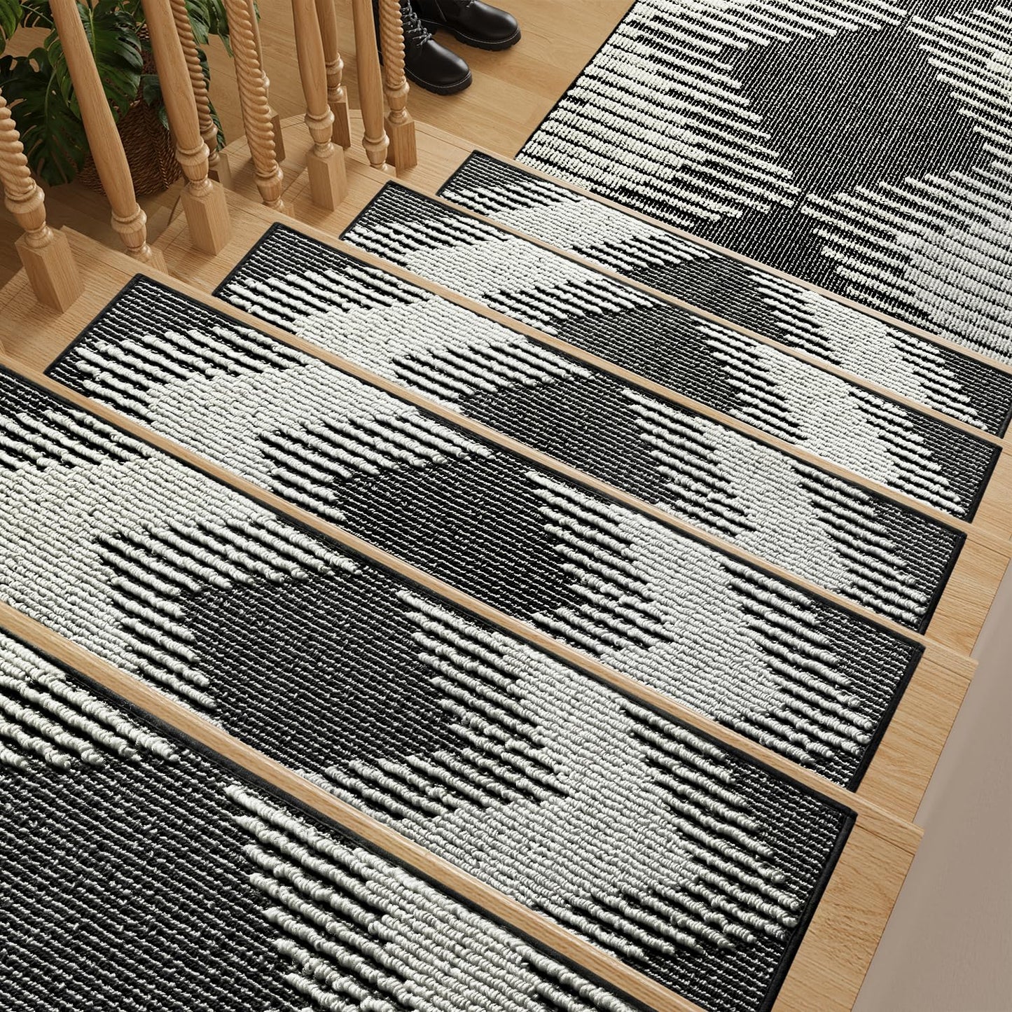 MontVoo Stair Treads Non Slip Indoor,15 Pcs Peel and Stick Stair Treads, Reusable Adhesive Stair Runners for Wooden Steps, Anti Slip Stair Carpet Treads Stair Strips for Kids and Dogs, 8"x30" Black