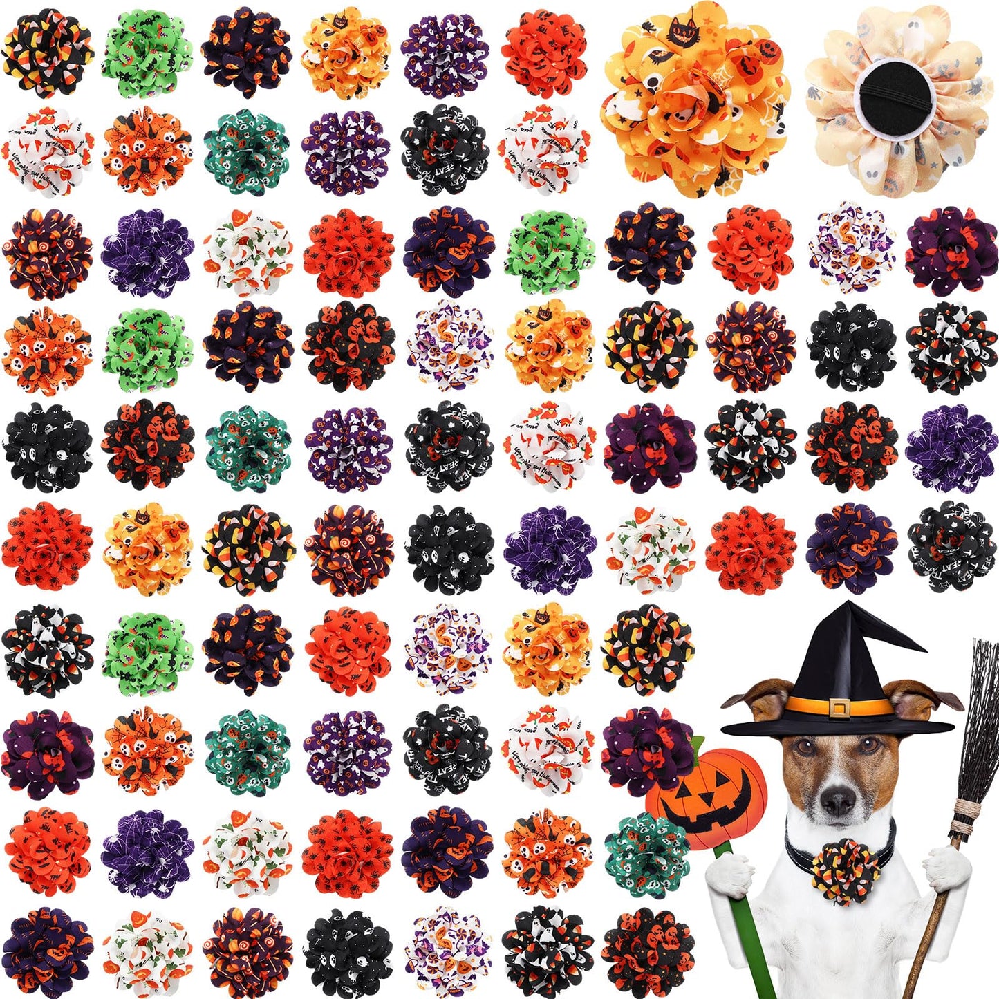 Silkfly 80 Pcs Halloween Dog Collar Flowers Bulk Holiday Pet Collar Bows Grooming Accessories for Small Medium Large Cat Puppy Dog(Pumpkin Style)