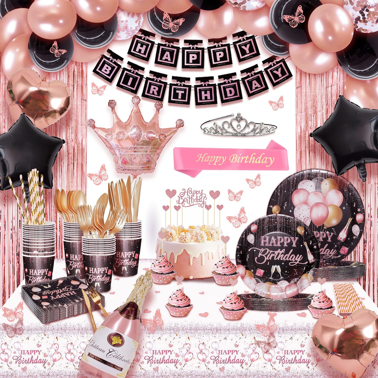 210 Pcs Birthday Party Decorations for Woman Girl, Rose Gold Party Decorations, Happy Birthday Decorations - Balloon Stand Kit, Banner, Tassel Curtain,Crown,Tableware Kit For 12 Guests