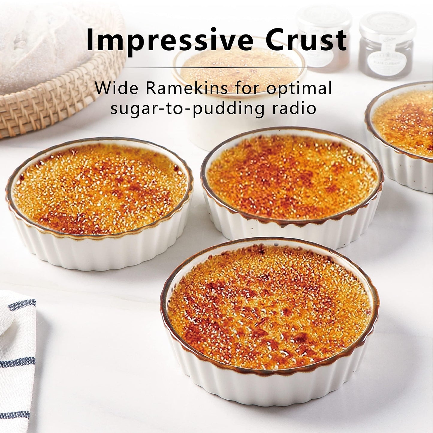 ONEMORE Ramekins 4 oz - Oven Safe Shallow Ramekins with Brown Rim for Creme Brulee - Speckled, Fluted, Set of 6