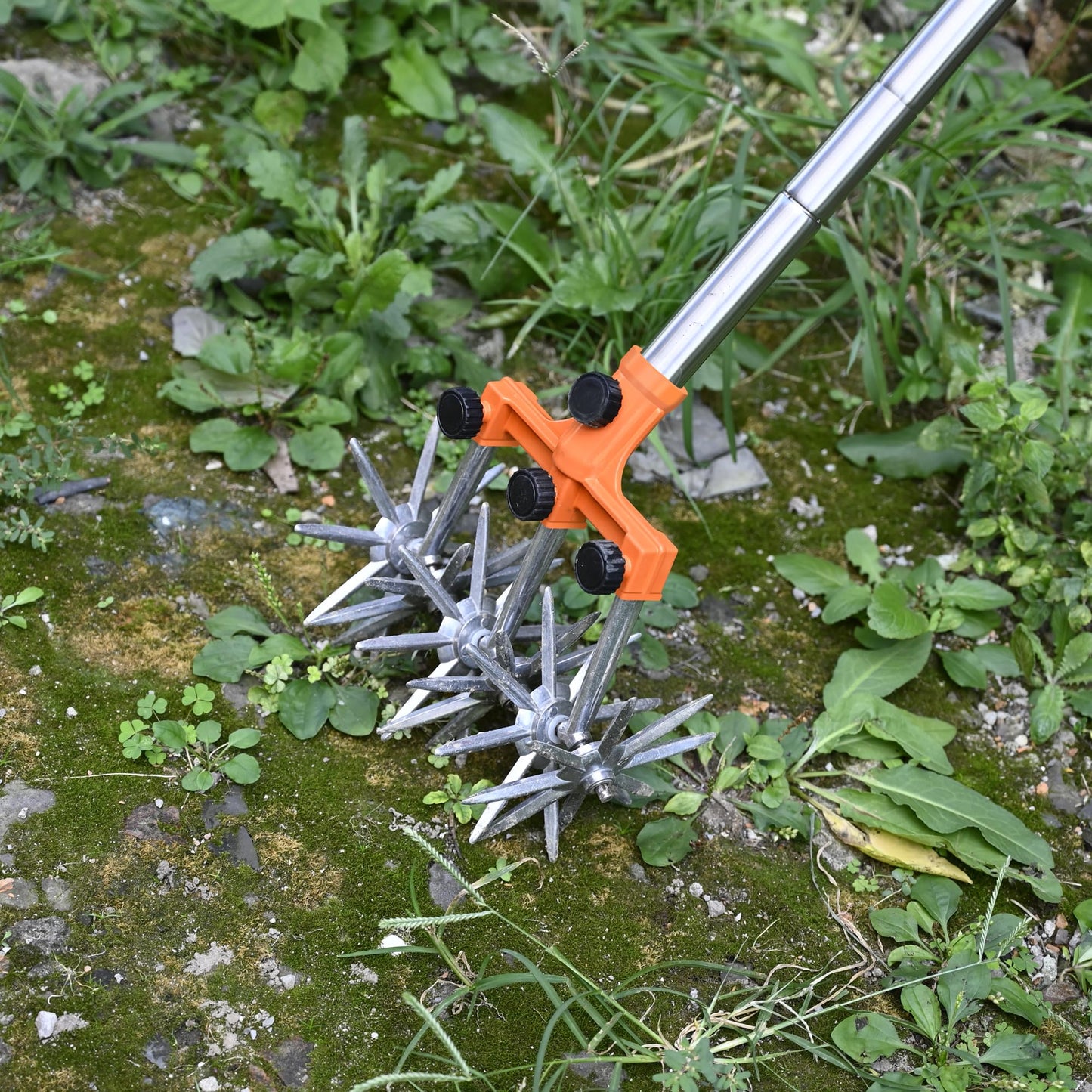 BARAYSTUS Rotary Cultivator Garden Rotary Tiller Adjustable Stainless Steel Poles Hand Tiller for Soil Mixing or Reseeding Grass Lawn Cultivator Total Length 57 Inch.