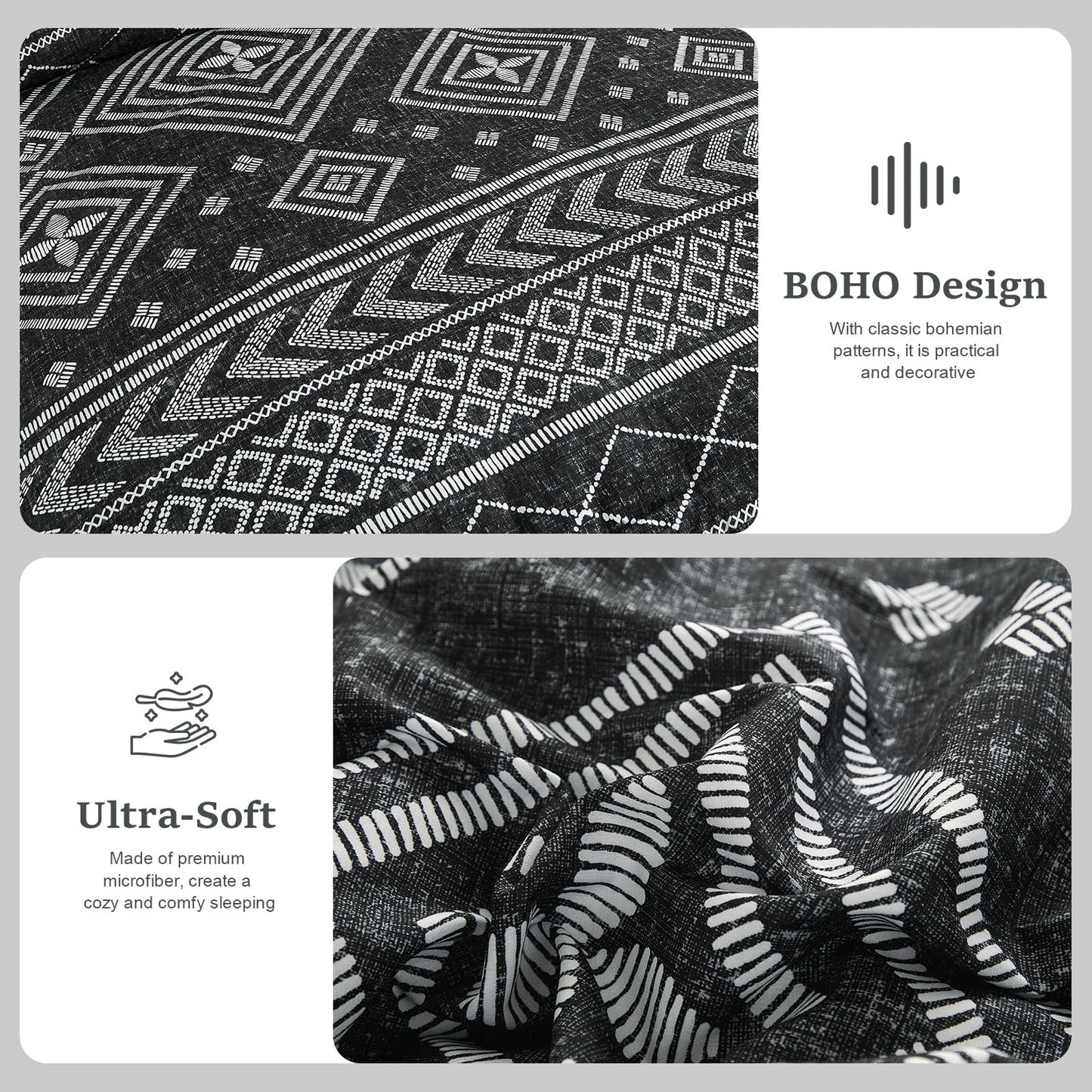 Yiran Black Comforter Set Queen Size, Boho Aztec Comforter Bedding Set, 7 Piece Bohemian Summer Bed in a Bag, Soft Microfiber Striped Complete Bedding Set with Sheets for All Season