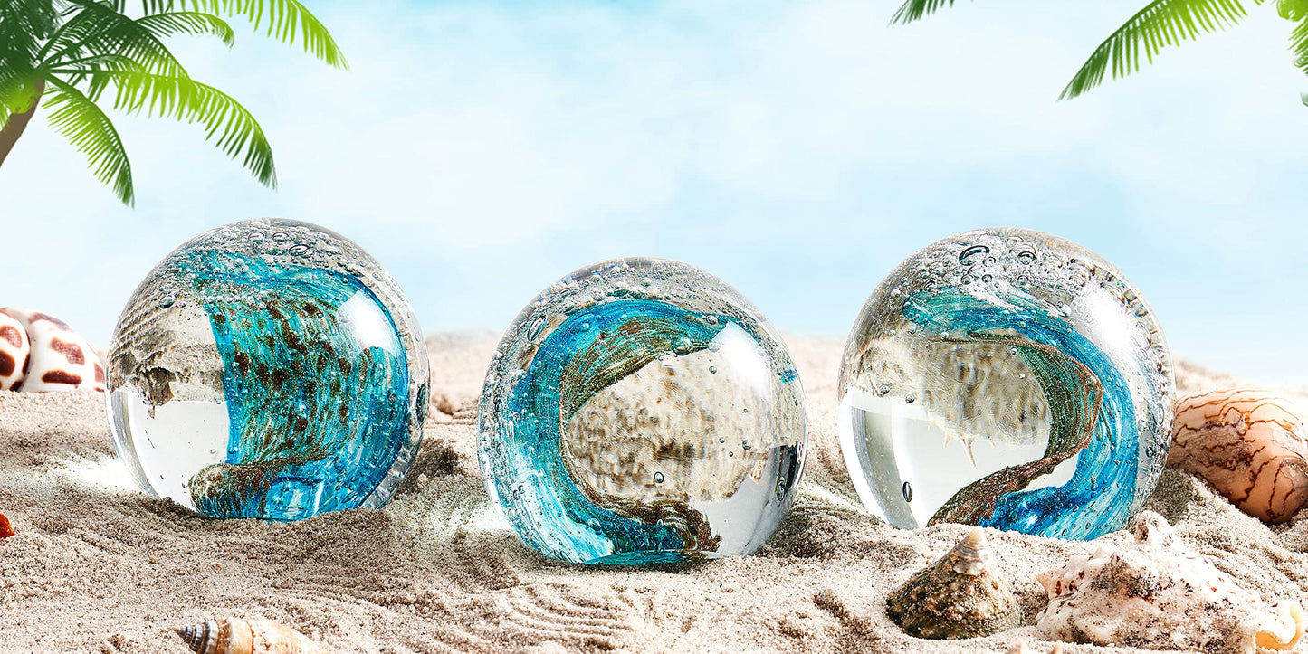 Hand Blown Glass Figurines Ball Ocean Waves,Office Paperweight Glass for Desk,Home Decor Collectible,Aquarium Decor,Office Decor Ocean Lovers