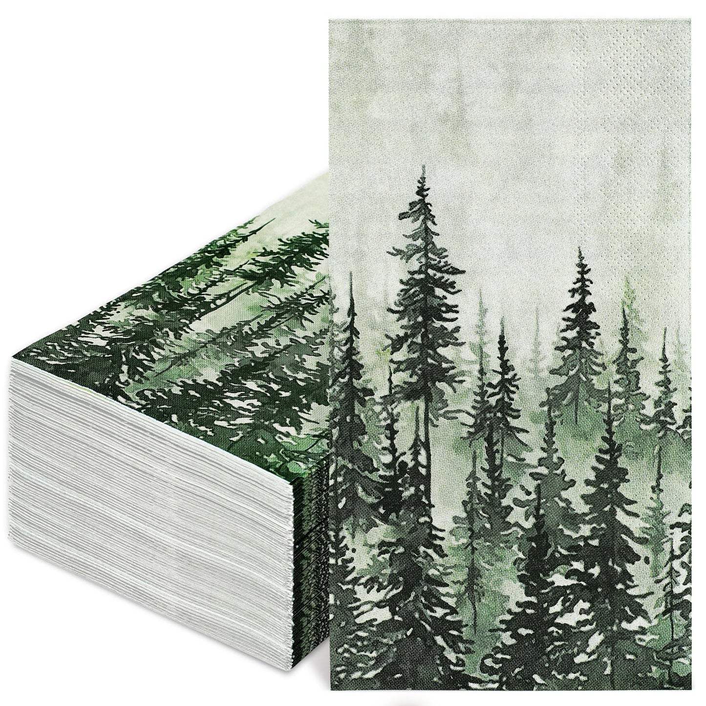 JarThenaAMCS 100Pcs Green Misty Forest Guest Napkin Woodland Disposable Paper Napkin Pine Tree Dinner Hand Towel Napkin for Home Kitchen Bathroom Holiday Party Supplies