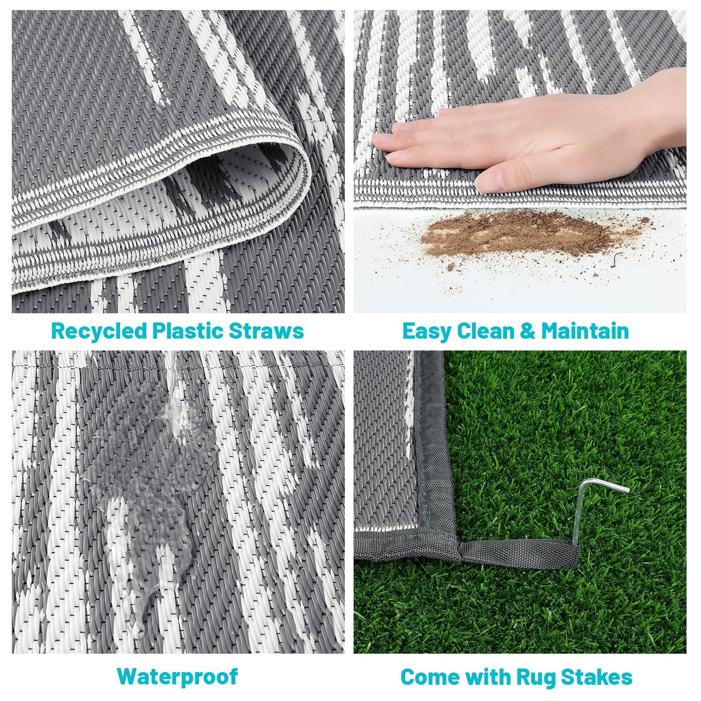 HEBE Outdoor Rug 6x9 ft Reversible Outdoor Area Rug Waterproof Patio Rug Mat Portable RV Camping Rug Modern Abstract Plastic Straw Carpet for Picnic Beach Balcony Pool Deck, Grey