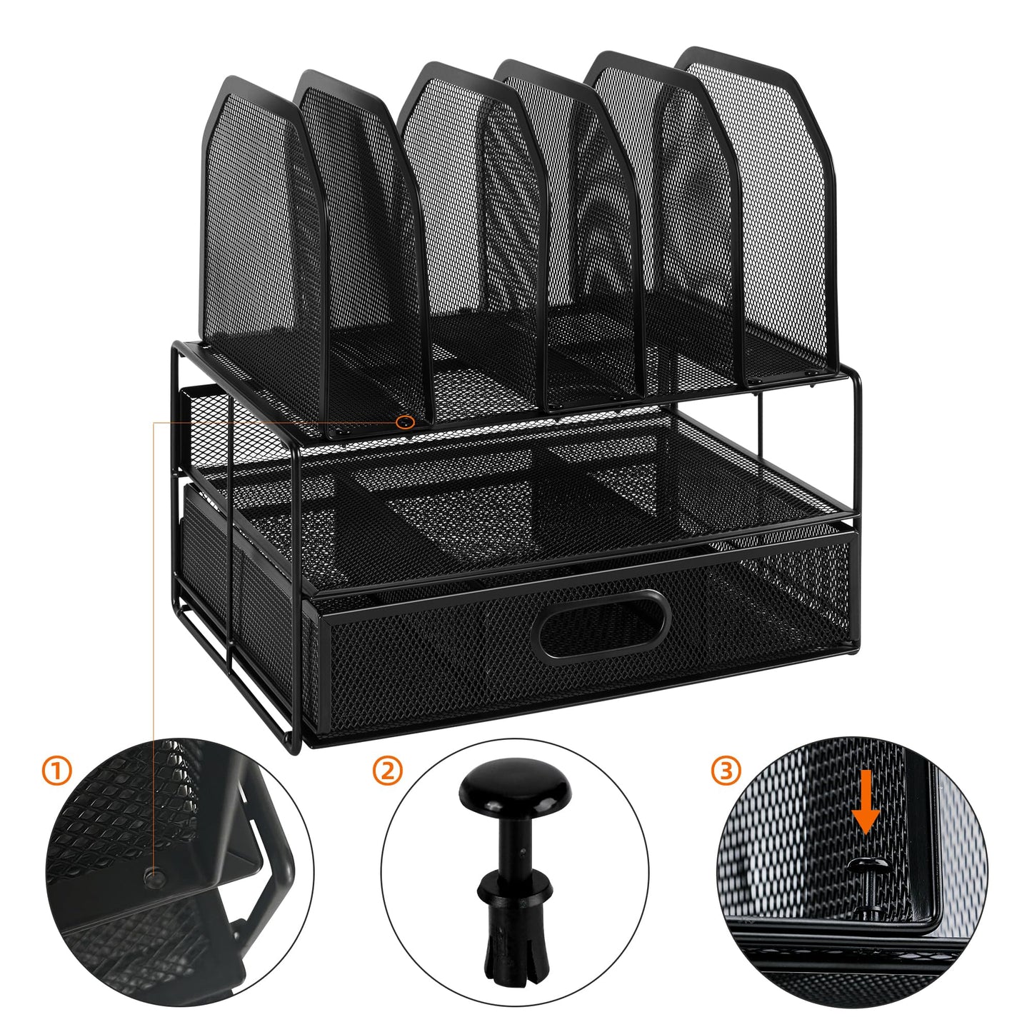 Amazon Basics Mesh Desk Organizer with Sliding Drawer, Double Tray and 5 Upright Sections, Black