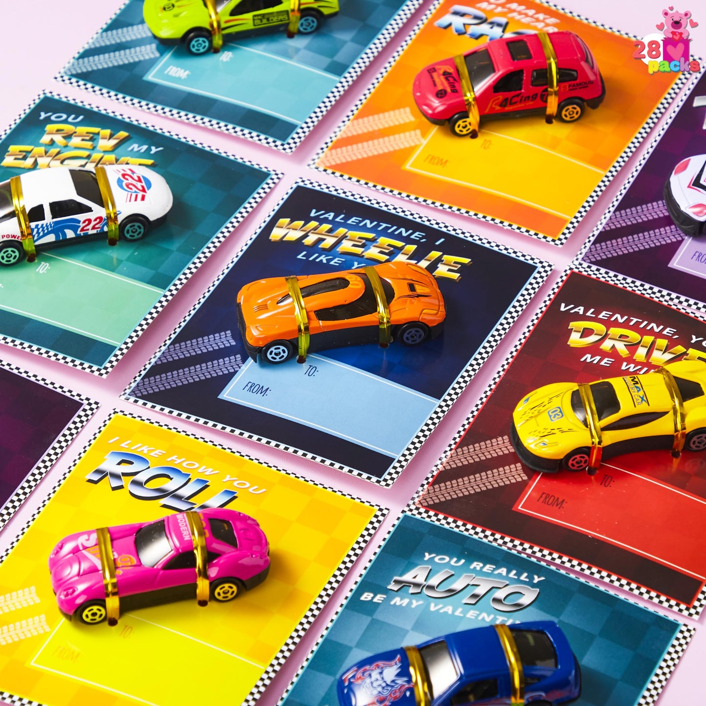 JOYIN 28-Count Valentines Day Cards with Die-Cast Racing Cars for Classroom Exchange