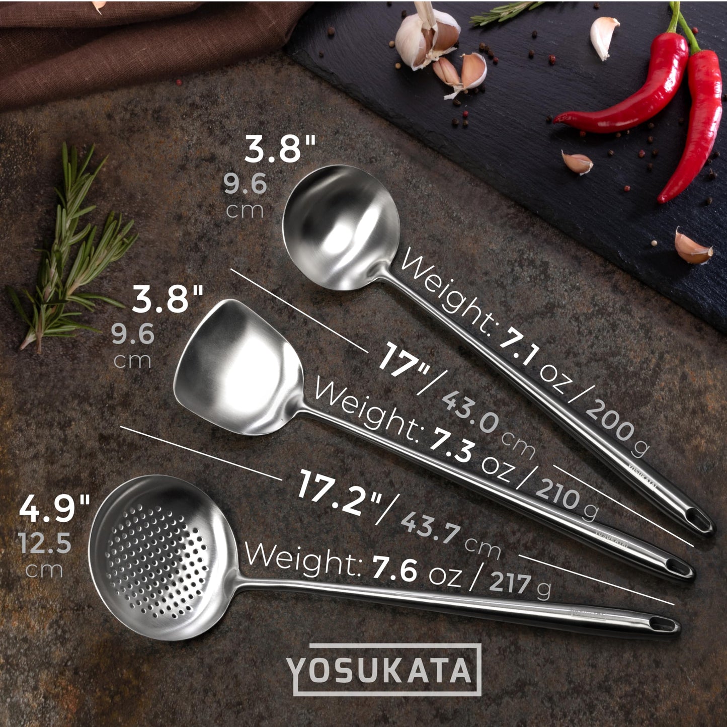 Yosukata 43 cm Wok Spatula and Ladle Skimmer Spoon - Stainless Steel Cooking Utensils Set of 3-304 Stainless Steel Kitchen Utensils Set - Dishwasher Safe Wok Accessories - Wok Utensils Cooking Tools…