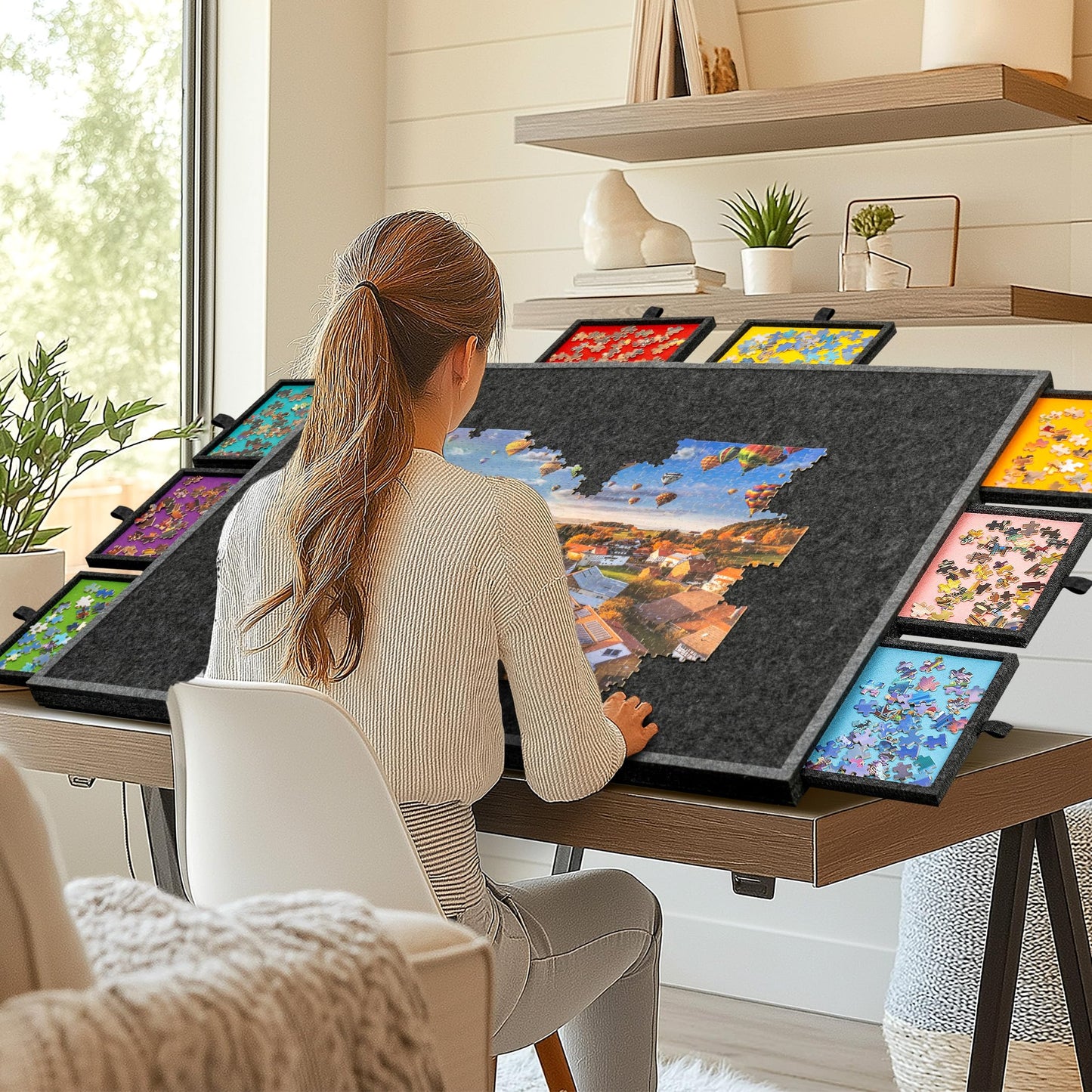 Becko US 2000-pc Foldable & Tilting Jigsaw Puzzle Board with 8 Drawers & Cover, Lightweight & Portable Felt Puzzle Table with Built-in Stands for Angle Adjustments, for 1000 1500 2000 Pieces Puzzles