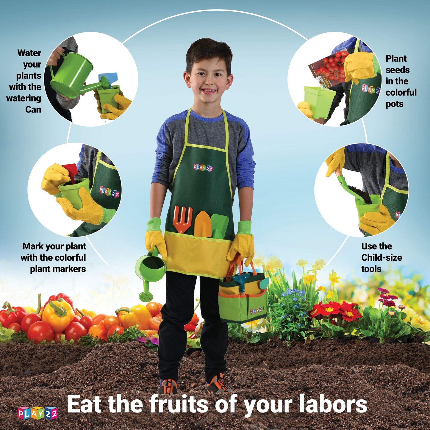 Play22 Kids Gardening Tool Set 12 PCS - Kids Gardening Tools Shovel, Rake Fork Trowel Apron Gloves Watering Can and Tote Bag - Wooden Gardening Tools for Kids Best Outdoor Toys Gift for Boys and Girls