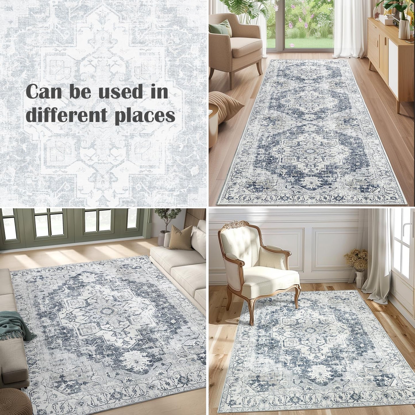 JINCHAN Runner Rug 3x10 Washable Area Rug Vintage Indoor Floor Cover Grey Multi Print Distressed Carpet Gray Thin Accent Mat Lightweight Kitchen Living Room Bedroom Dining Room