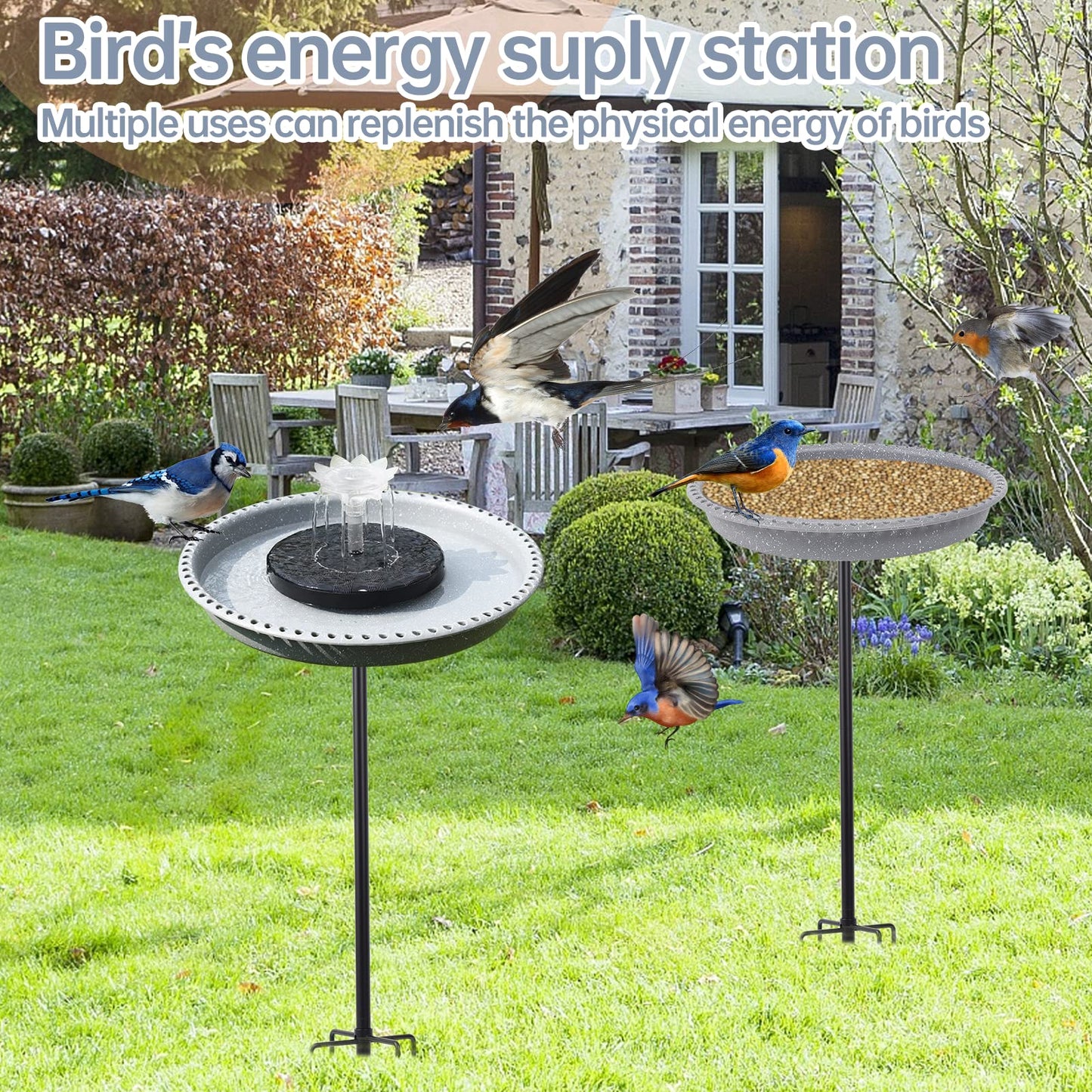 Feemiyo Solar Powered Bird Bath Fountains for Hummingbirds,Stable Stylish Design with 5-Prong Base Metal Stake Bird Baths Fountain for Lawn Patio Yard Garden (Grey)