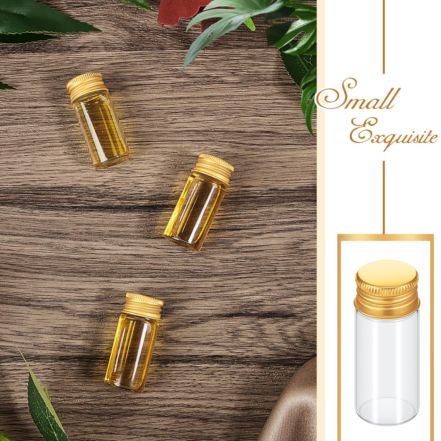 Didaey 100 Pcs Small Clear Vials Spice Mini Jars with Lids Mini Glass Bottles with Screw Aluminum Metal Caps Tiny Jars Sample Containers for Powder Cream Cosmetic Jewelry Wedding(10 ml,Gold Caps)