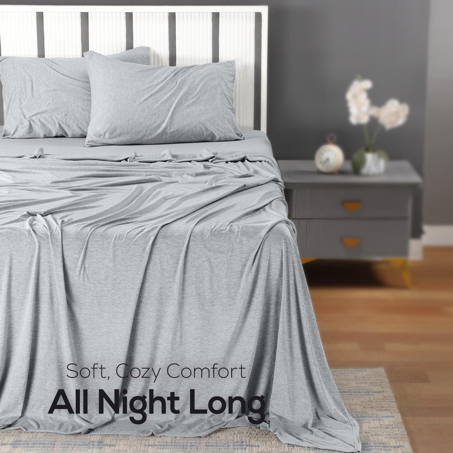 Utopia Bedding Jersey Knitted Bed Sheet Set - 4 Pieces, King - Soft Brushed Jersey Fabric, Light Grey