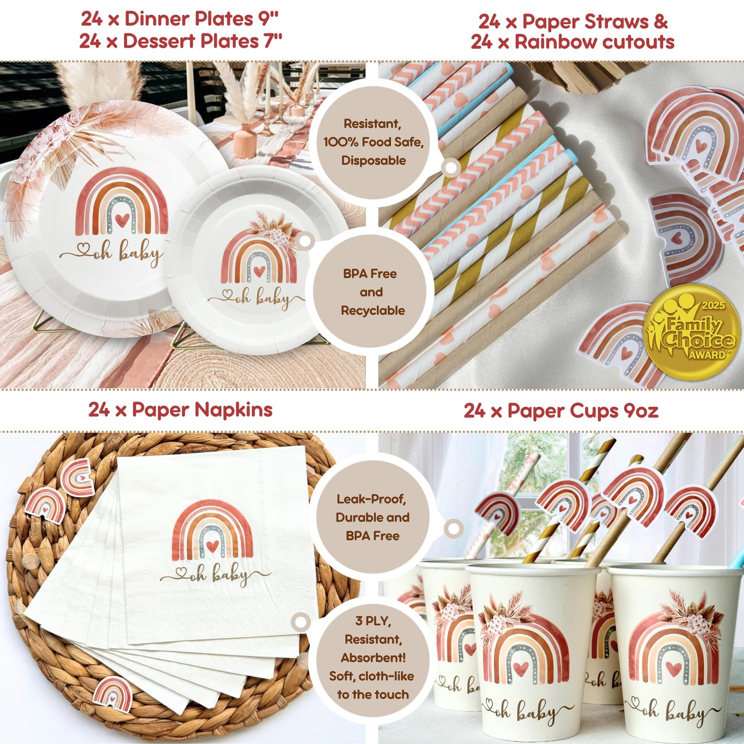 408 PC Boho Baby Shower Decorations for Girl - Backdrop, Balloon Arch Garland, Plates, Napkins, Straws, Sash, Cake Toppers, Guestbook, Confetti, Favor Stickers - Rainbow Baby Shower Decorations