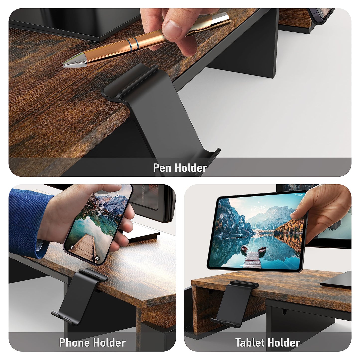Simple Houseware Dual Monitor Stand Riser of Adjustable Length and Angle Shelf with Holder and Drawer, Rustic Brown