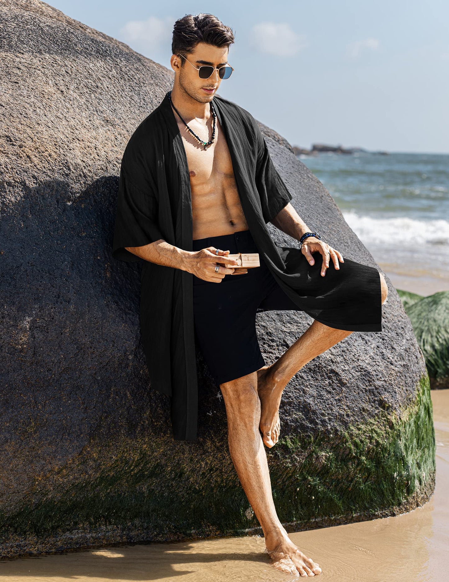 COOFANDY Men's Ruffle Shawl Collar Lightweight Cardigan Long Kimono Jackets Open Front Drape Cape Coat, Typeb-black, X-Large