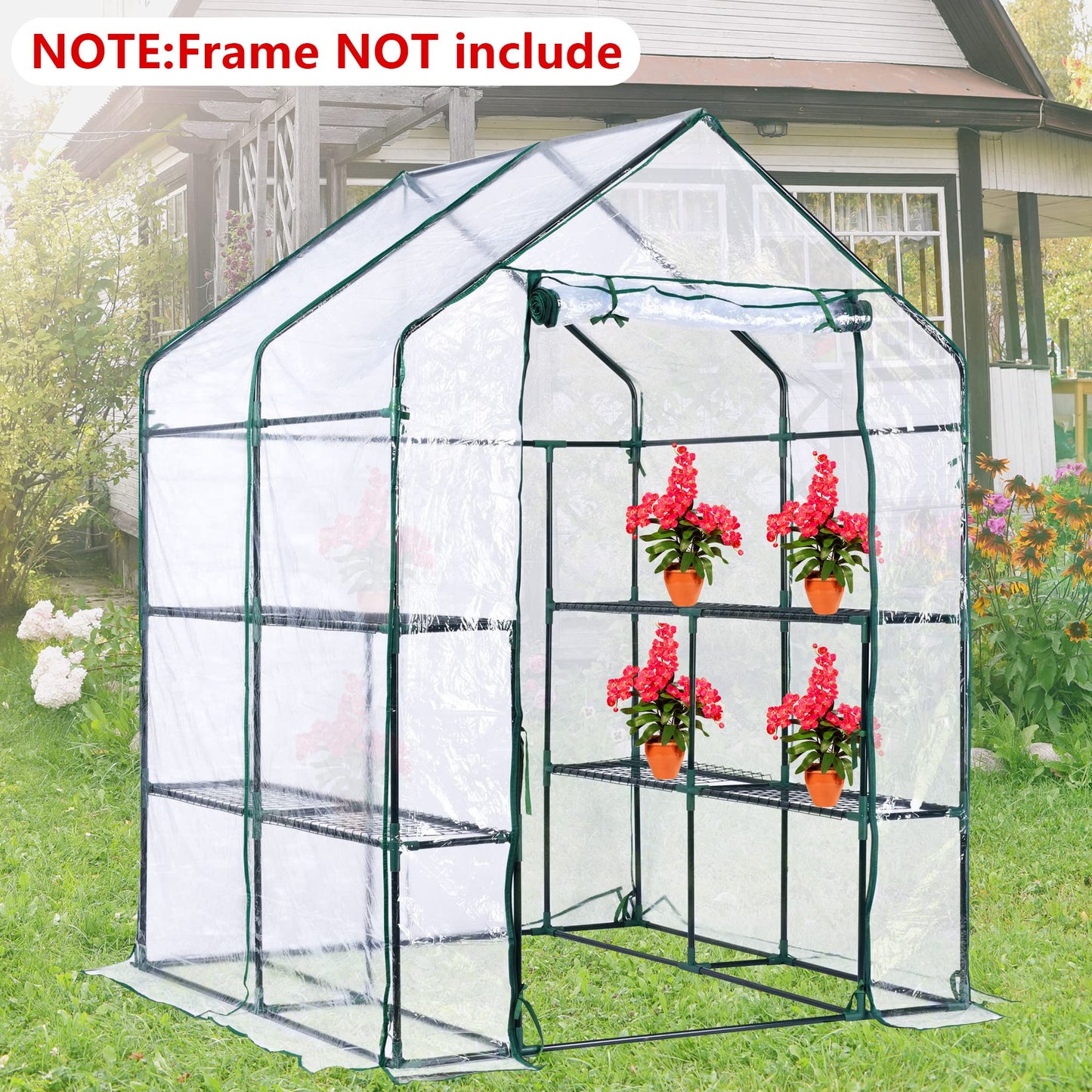 56 x 56 x 76 in Walk-in Greenhouse Replacement Cover with Roll-Up Zipper Door - PVC Greenhouse Cover for Outdoor Plant Gardening Plants Cold Frost Protection Wind Rain Proof (Frame Not Include)