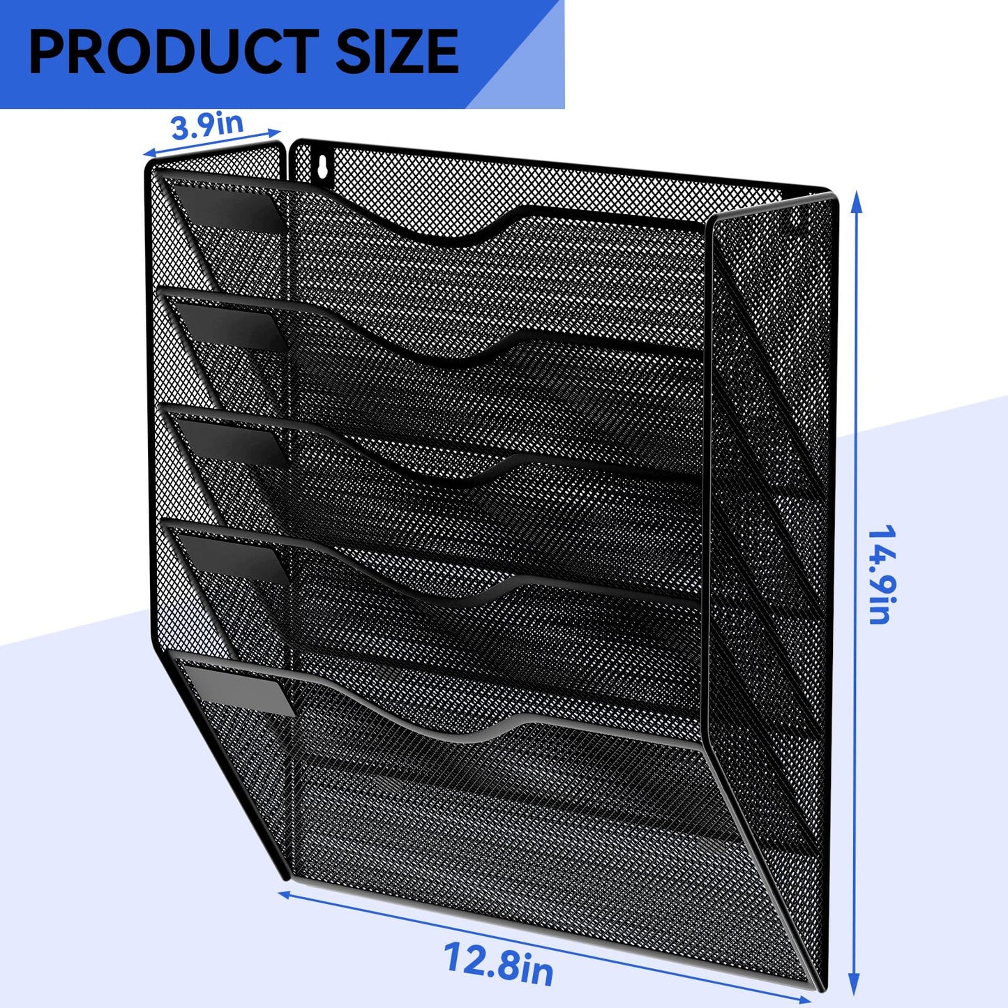 GDINDINFAN 5 Pockets Mesh Hanging Wall File Holder Organizer Wall Mounted Paper Magazine Rack, Black