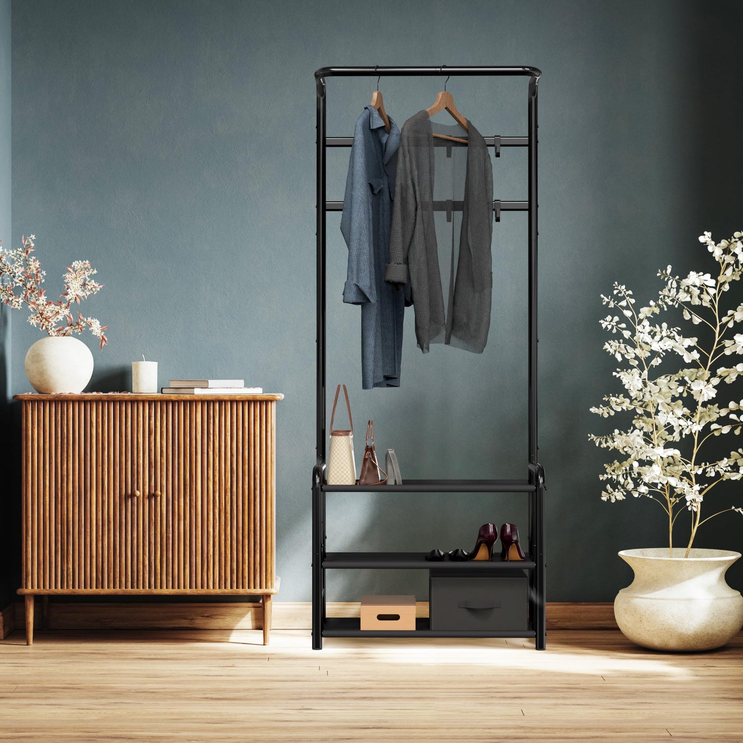 Simple Houseware Coat Rack with Storage Shelf, Hall Tree with Shoe Rack for Entryway, Black