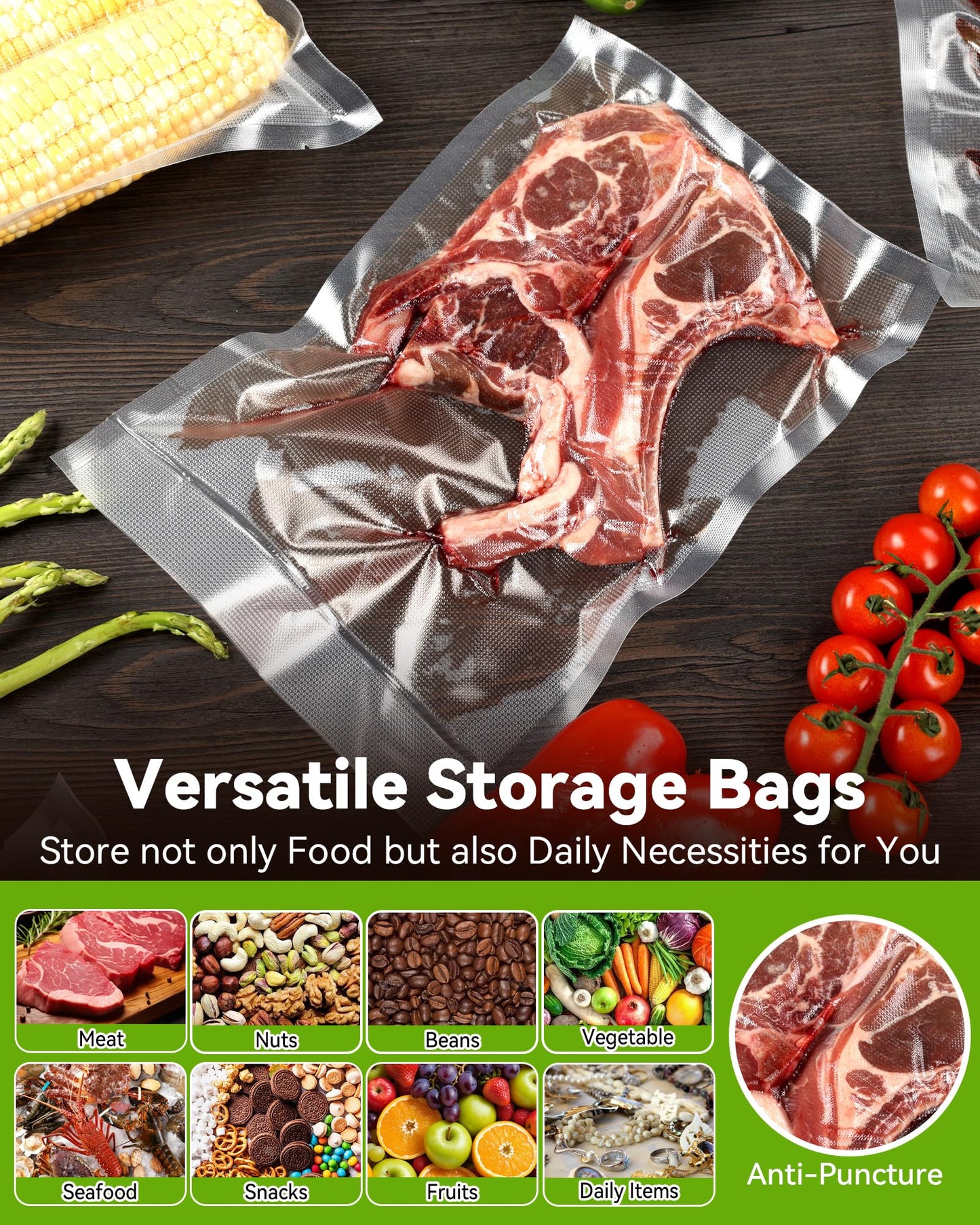 300 Count Vacuum Sealer Bags for Food Saver, 8x12 Inch Quart Size, BPA Free Precut Sous Vide Bags, Commercial Grade Vacuum Seal Bags for Food Storage, Compatible with All Vacuum Sealer Machines