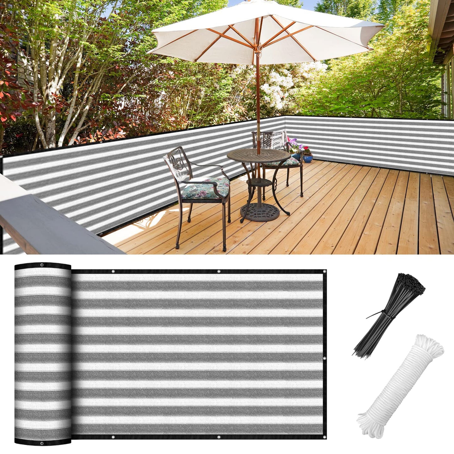 Balcony Privacy Screen 3.0ft x 20ft 2 Pack, Heavy Duty UV Protection Heat Resistant Privacy Curtain for Balcony, Outdoor Privacy Screen with Cable Ties and Rope for Home, Balcony, Garden, Grey White