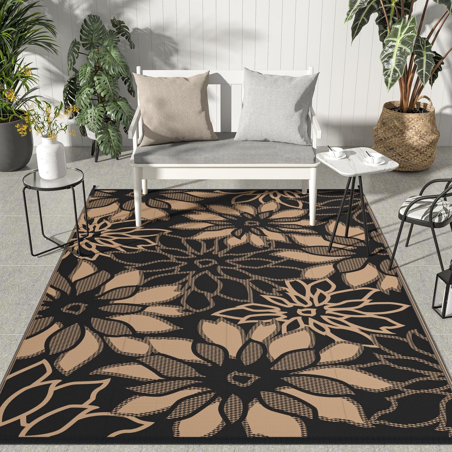 GENIMO Outdoor Rug Waterproof for Patio Decor, Reversible Plastic Straw Floral Camping Carpet, Large Area Rug Mat for RV, Camper, Deck, Balcony, Porch, Beach, Picnic