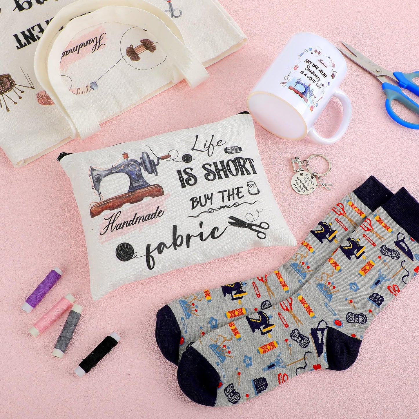 Abbylike 5 Pcs Sewing Gifts for Seamstress Women Gifts Canvas Bag Cosmetic Bag Quilting Coffee Mug Socks 11 oz Cup Quilter Keychain Funny Presents for Mom Quilters Sewing Lovers(White,Classic)