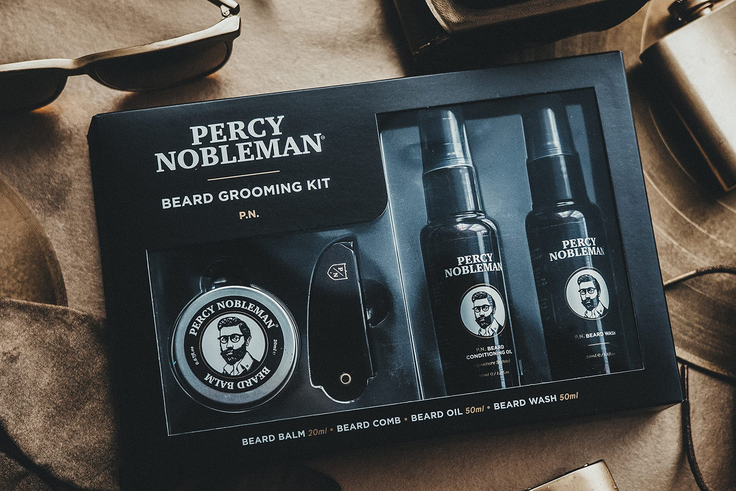 Percy Nobleman Beard Grooming Kit. Signature Scented Beard Oil 50ml. Beard Wash 50ml. Beard Balm 20ml. Beard Comb.