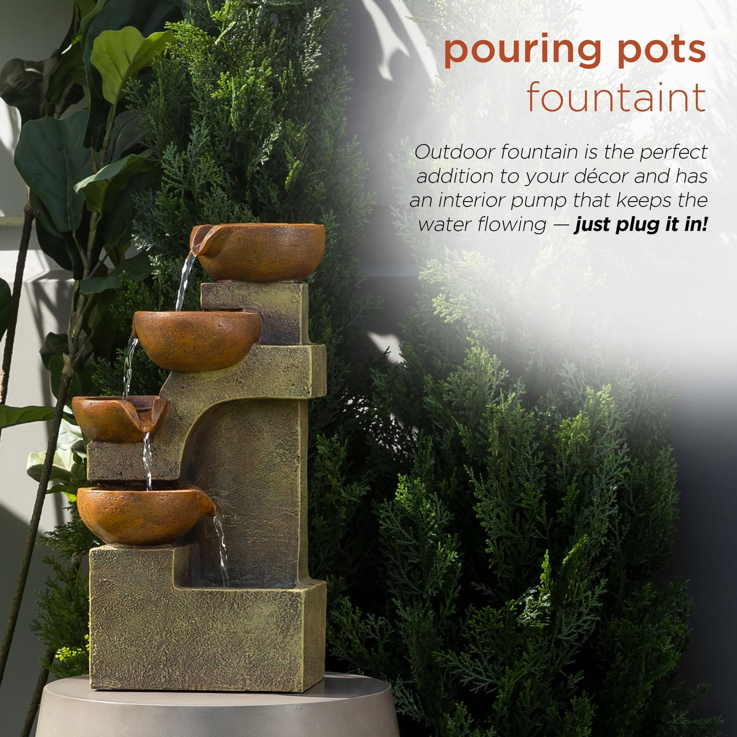 Alpine Corporation WCT726 Indoor/Outdoor Tabletop Tiered Pouring Pots Waterfall Fountain with Natural Stone Look, 16", Brown