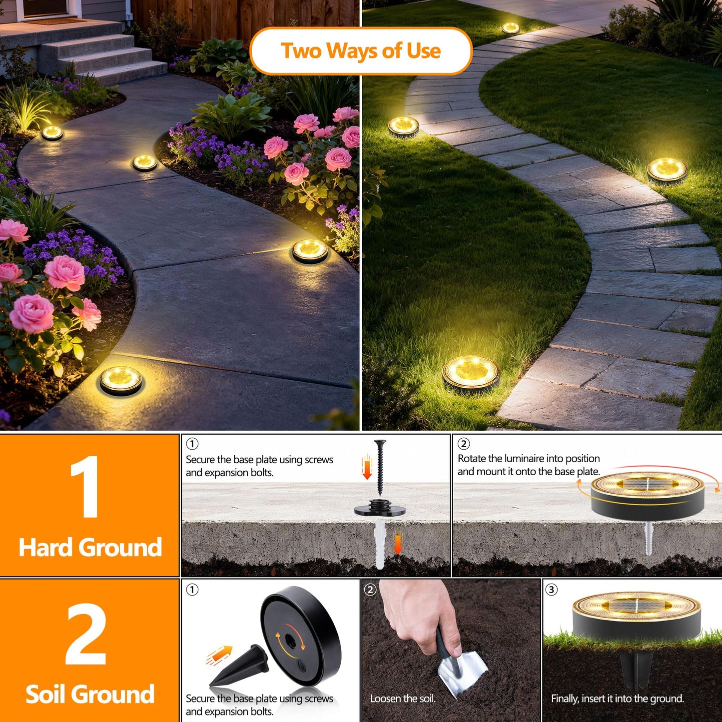Joomer 12 Pack Solar Ground Lights, 2-in-1 Solar Lights Outdoor Waterproof Solar Powered Disc Lights Landscape Garden Lighting Light for Patio Pathway Lawn Yard Driveway Walkway Deck Step (Warm White)