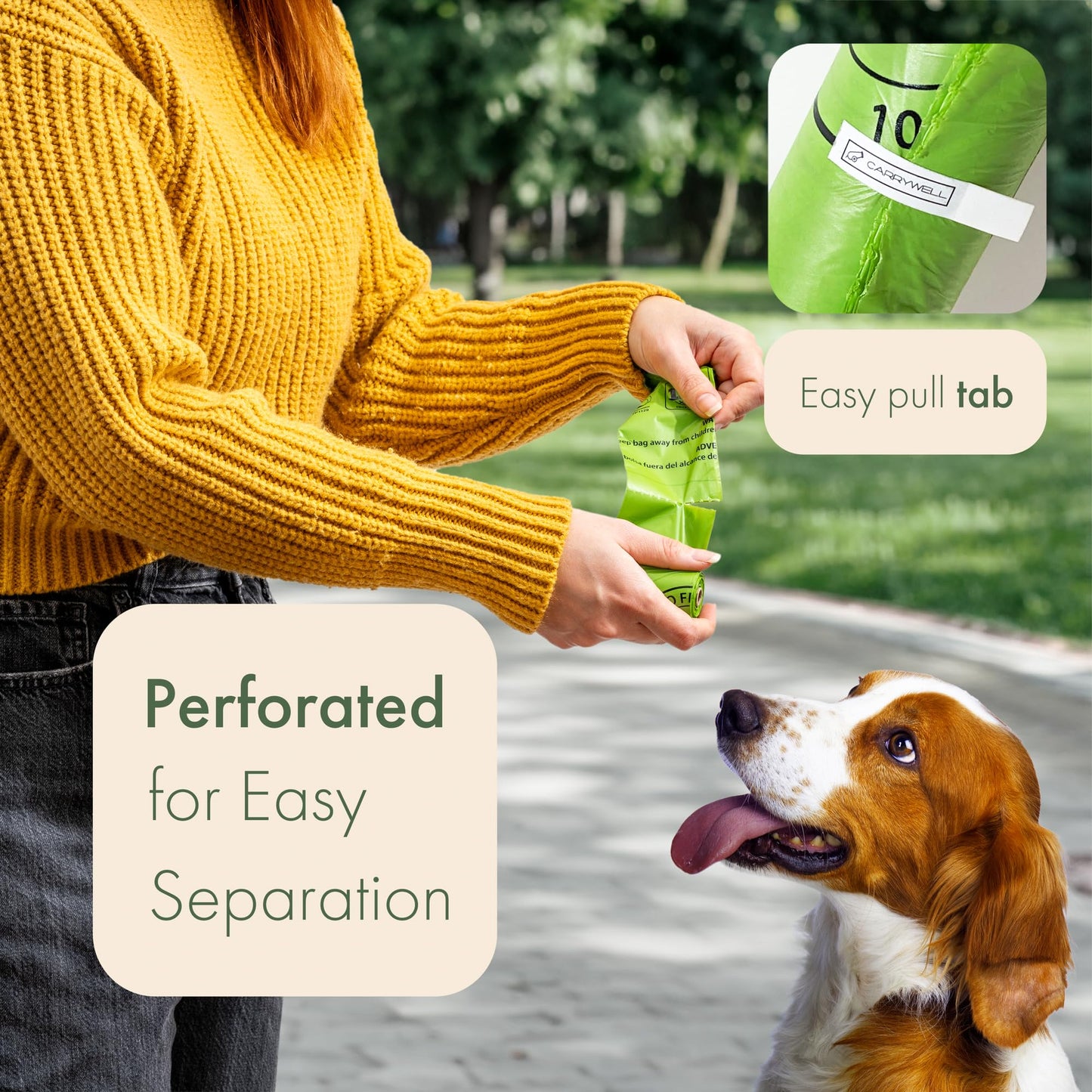 Carrywell (Not Made In China) 100% Certified Compostable Dog Poop Bags, Plant Based Dog Poop Bags, Corn Starch and PBAT, EN 13432 and TUV Austria certified, 300 Unscented Bags (15 Rolls), Green