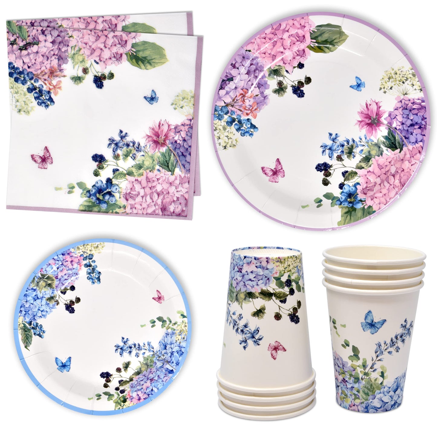 Gift Boutique Floral Hydrangea Party Supplies 7" Paper Plates Cups & Napkins Spring Flowers Baby Shower Bridal Tea & Birthday Disposable Set