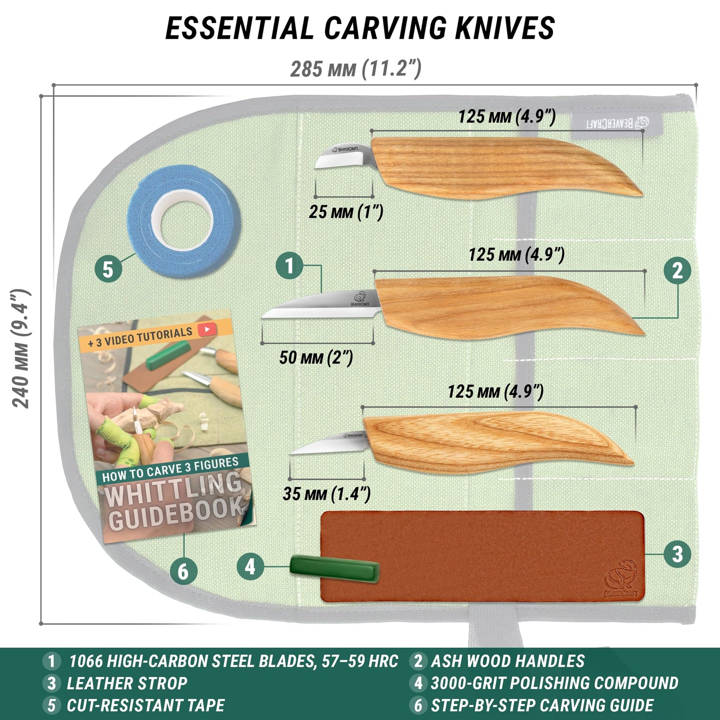 BeaverCraft Wood Carving Knife Kit for Beginners & Kids S15 – Whittling Knives Set with Sloyd, Chip Knife for Carvers – Wood Whittling Kit Includes Carving Tools, Leather Strop, Polishing Compound