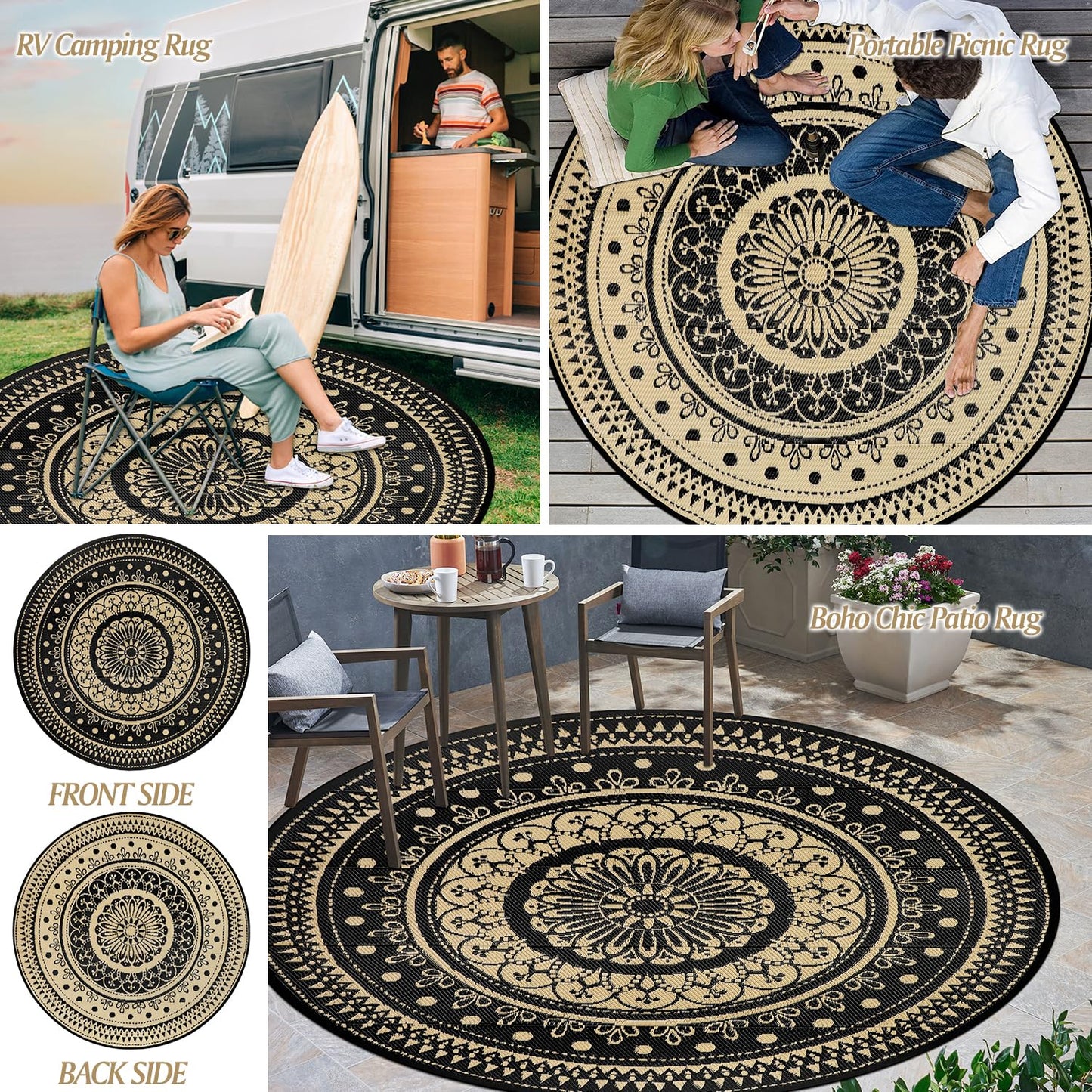 Cekene Round Outdoor Rugs for Patio 8Ft Waterproof Reversible Outdoor Patio Rugs Black Lightweight Plastic Straw Rugs Portable RV Camping Mat Floor Carpet for Deck Porch Picnic BBQ