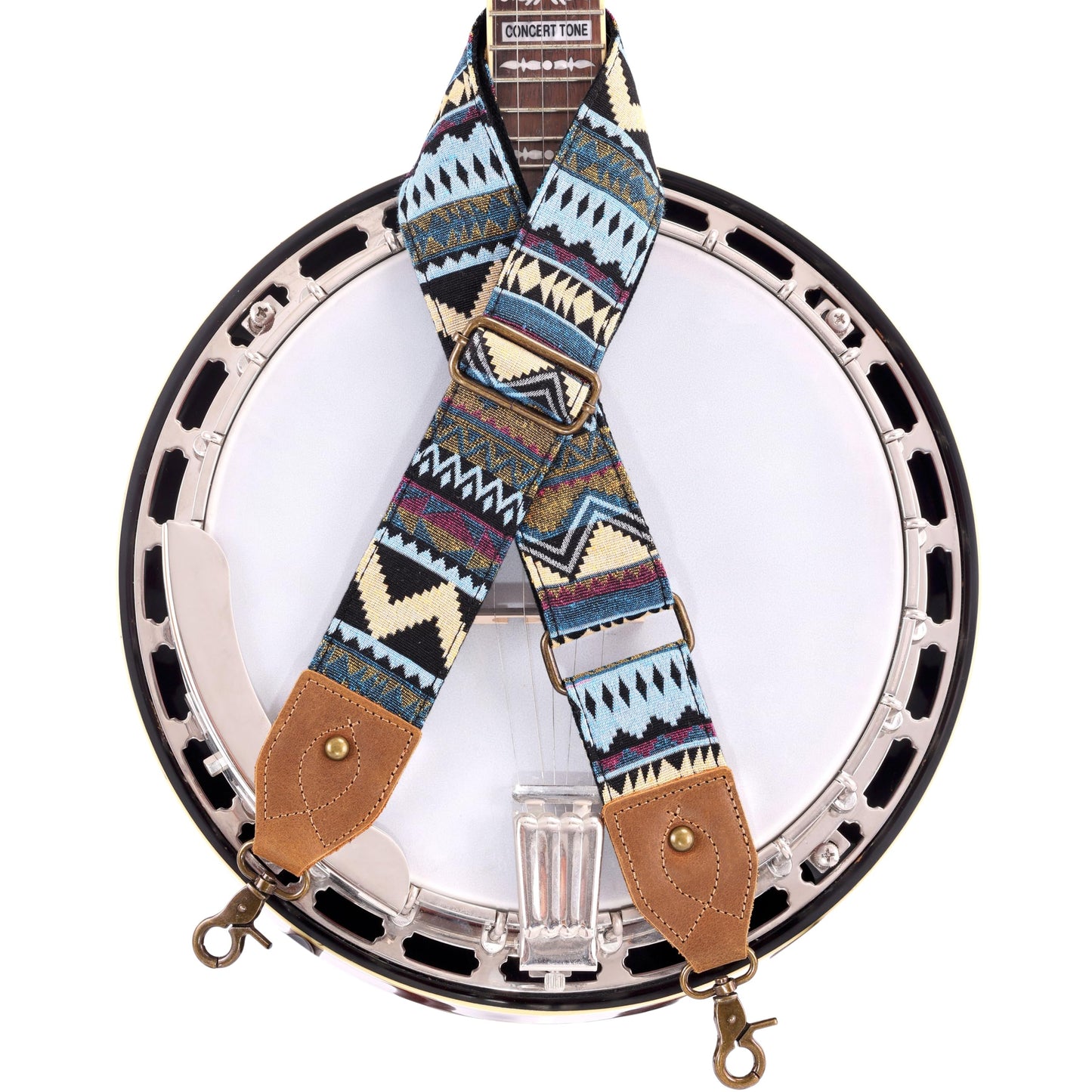 Nefelibata Banjo Strap, 2" Wide Double Crazy Horse Leather Jacquard Embroidery Strap Adjustable Replacement,Multi-pattern Strap With Metal Clips