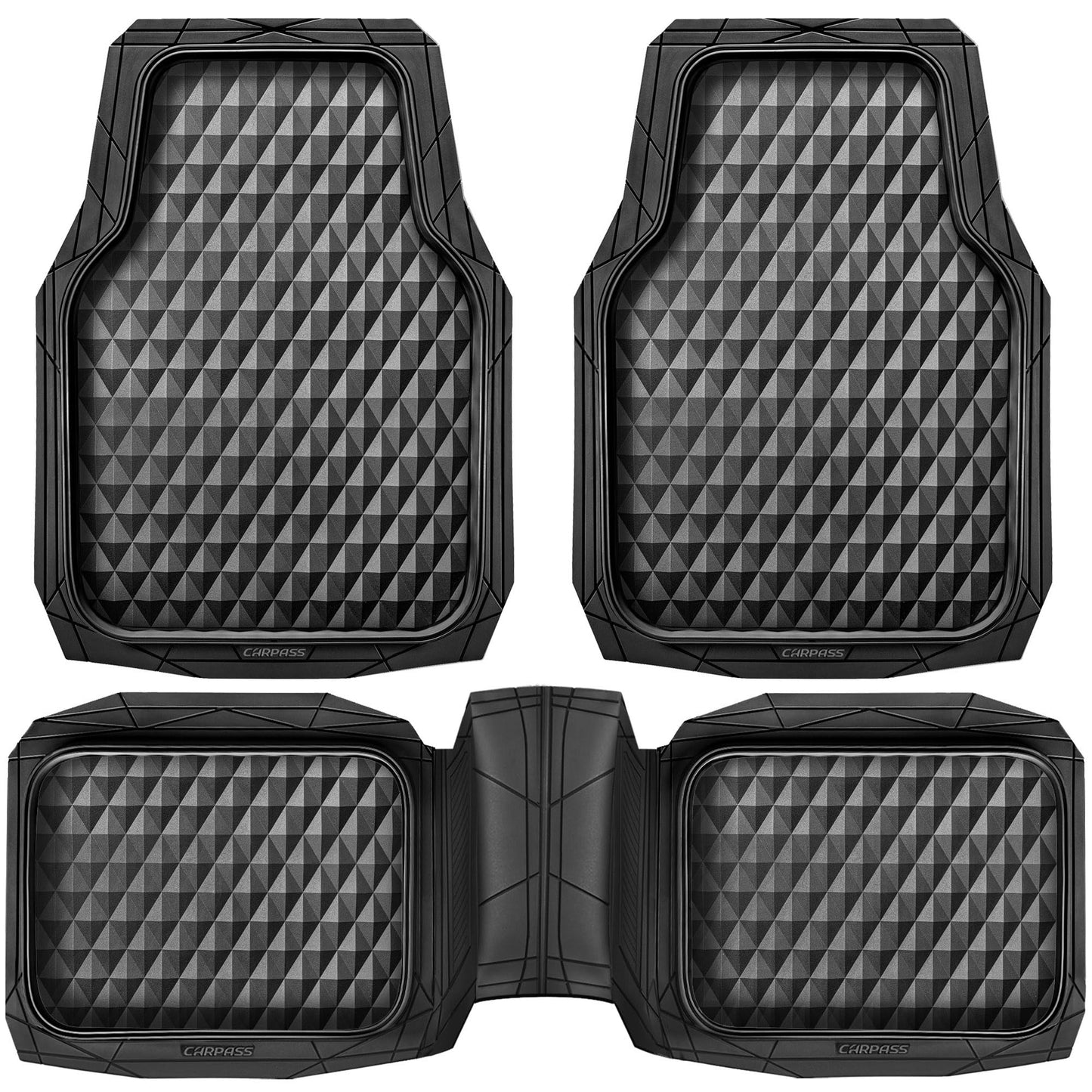 CAR PASS Rubber Car Floor Mats Full Set, Heavy Duty Deep Dish All-Weather Liners, 3D Anti-Slip Rhombus, Waterproof & Trim-to-Fit, Universal Fit for Cars, SUV & Truck, 3-Piece, Black